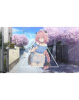 Anime girl desk pad 40x20 inches with pink braided hair, triangle frame, and sakura street scene.