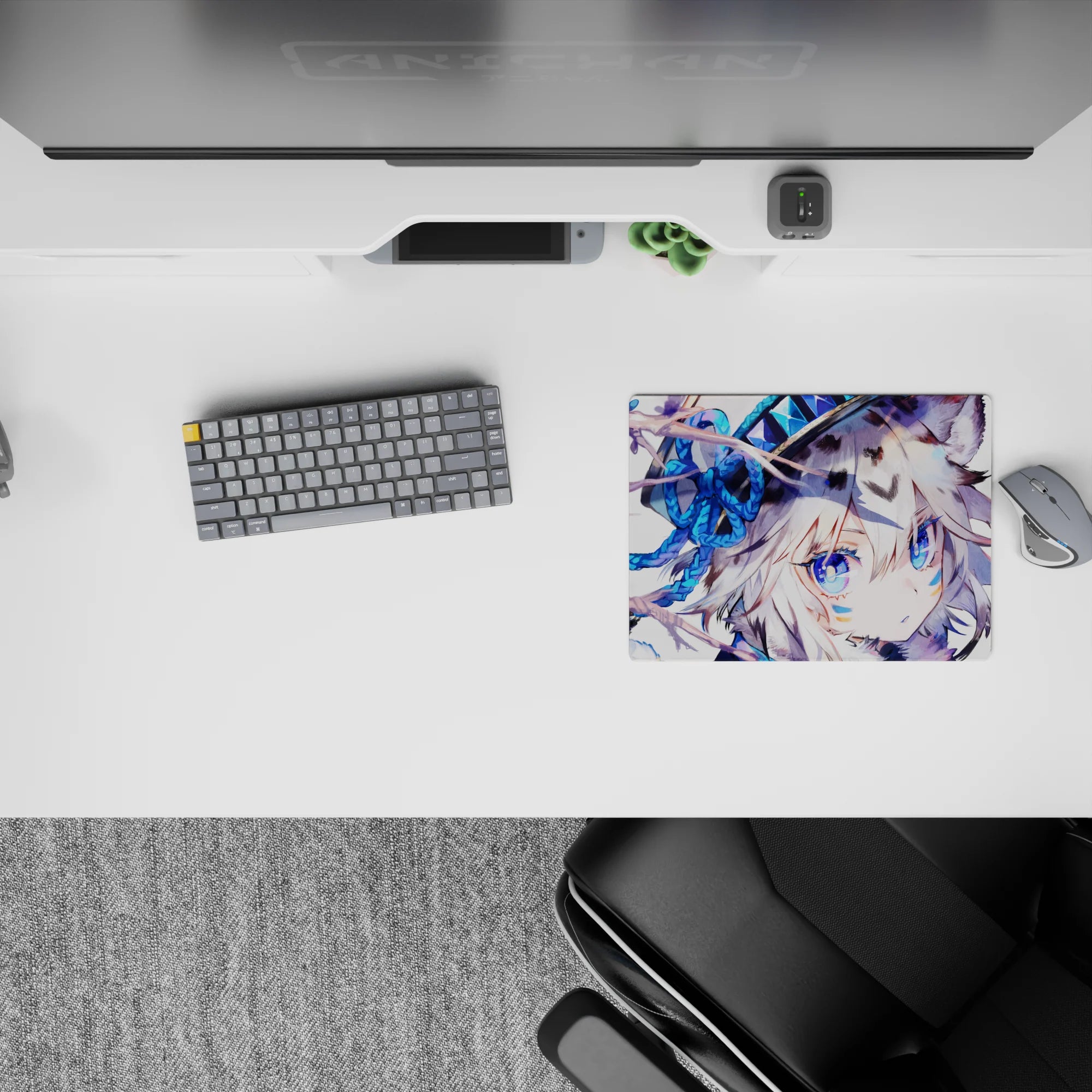 Cozy winter anime mouse pad 14x10 inches with icy blues, sapphire eyes, and soft snowy vibes.