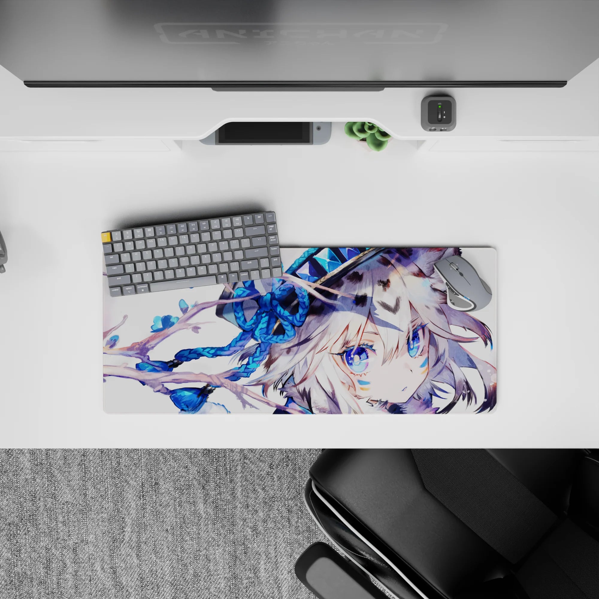 28x12 inches desk mat in cozy winter tones with bright blue accents, icy markings, and dreamy floral vibe.