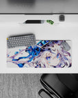 28x12 inches desk mat in cozy winter tones with bright blue accents, icy markings, and dreamy floral vibe.