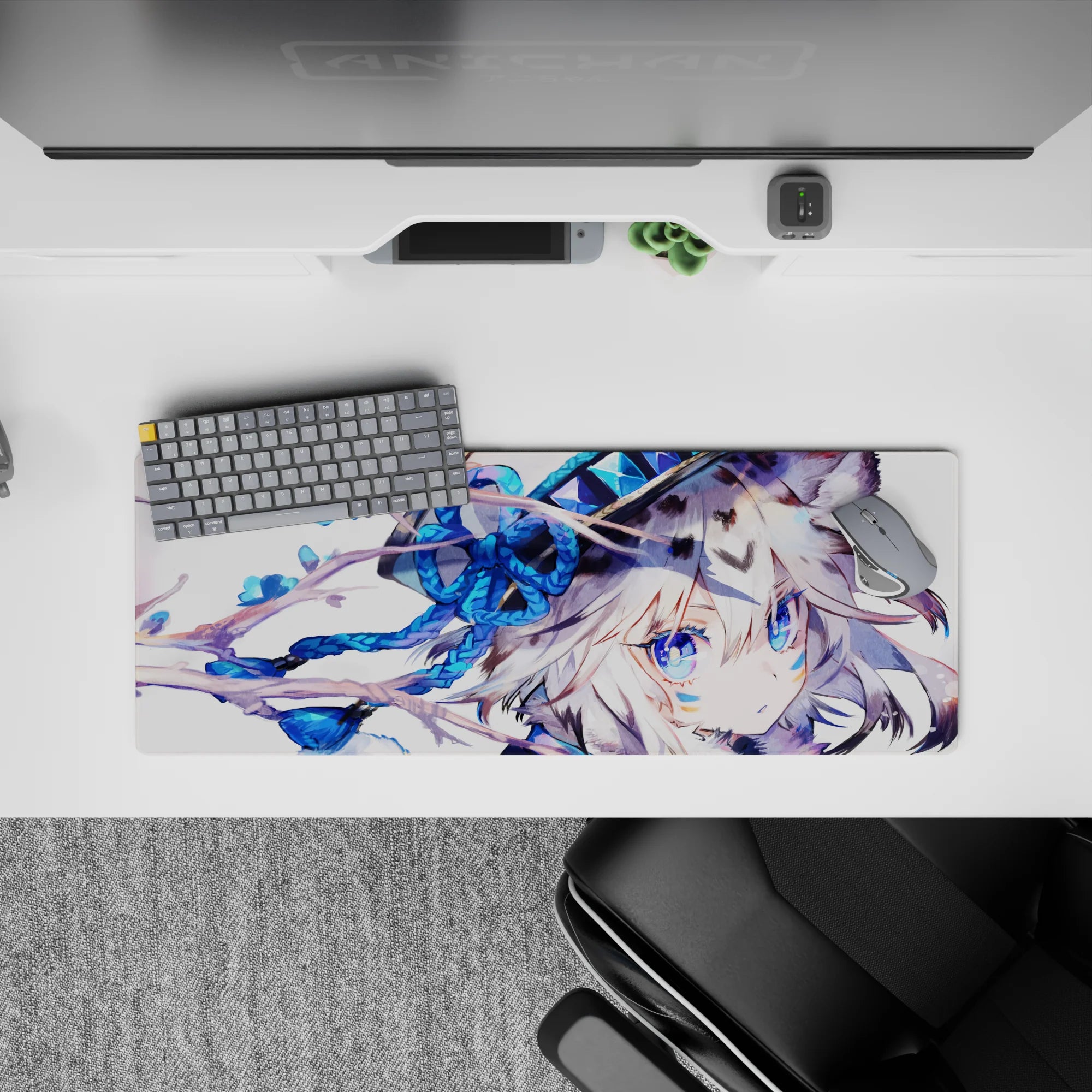 32x12 inches desk mouse pad in cozy winter blues, sapphire eyes, icy markings, and bright blue accents.