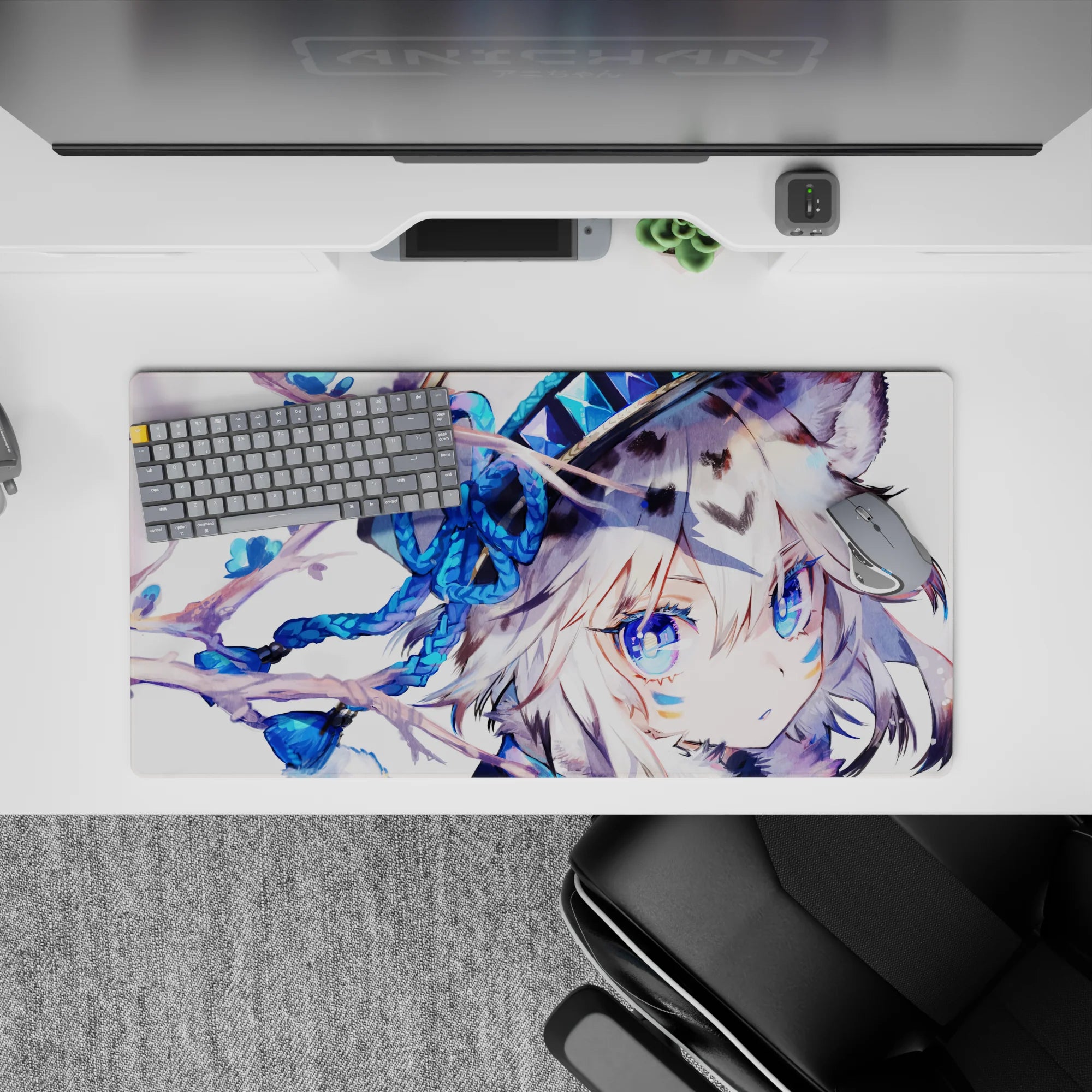 32x16 inches cozy winter anime mouse pad with icy blues, sapphire eyes, and soft snowy vibes for desk setup.