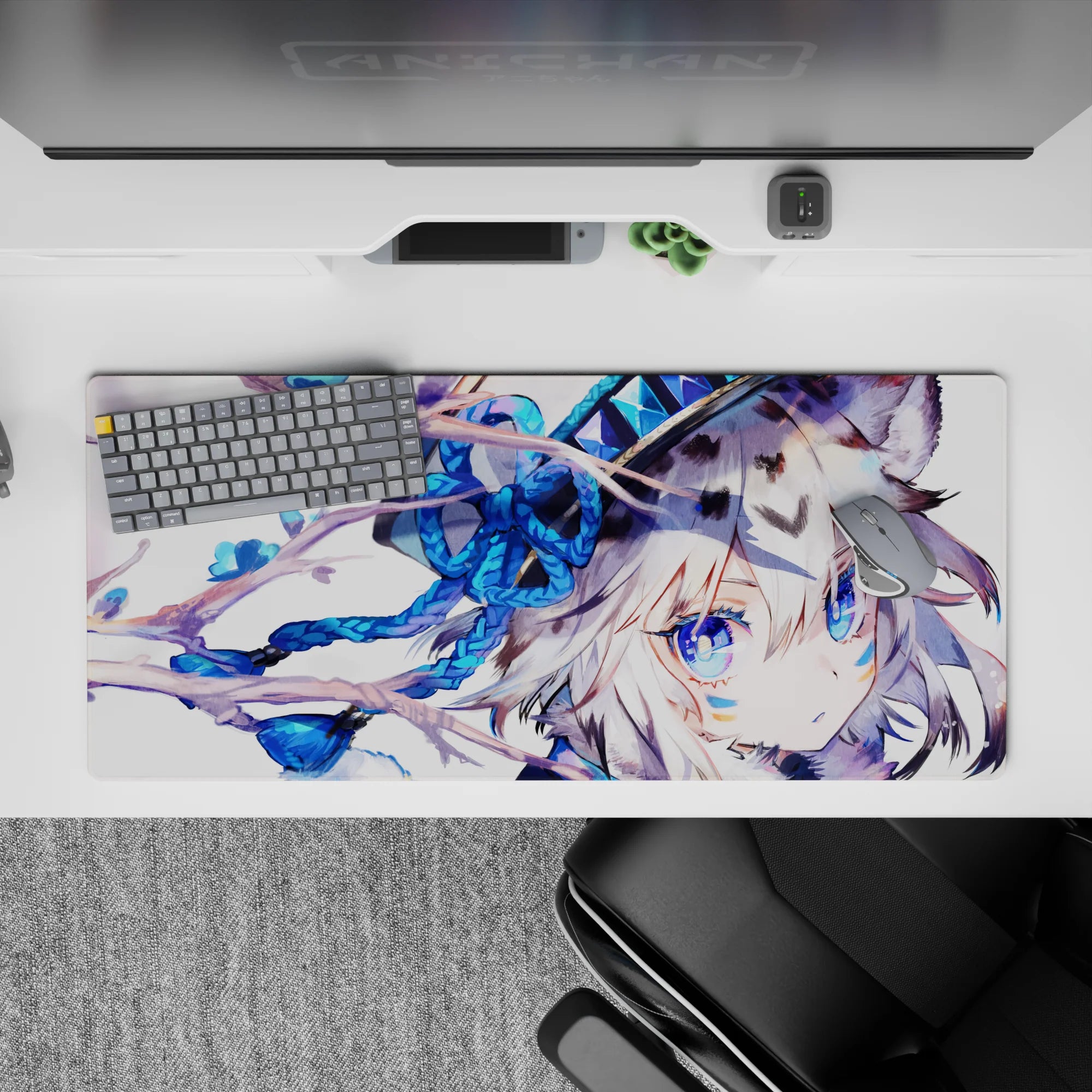Cozy winter anime desk pad 36x16 inches in icy blues, sapphire eyes, and soft fluffy vibes.