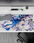 Cozy winter anime desk pad 36x16 inches in icy blues, sapphire eyes, and soft fluffy vibes.