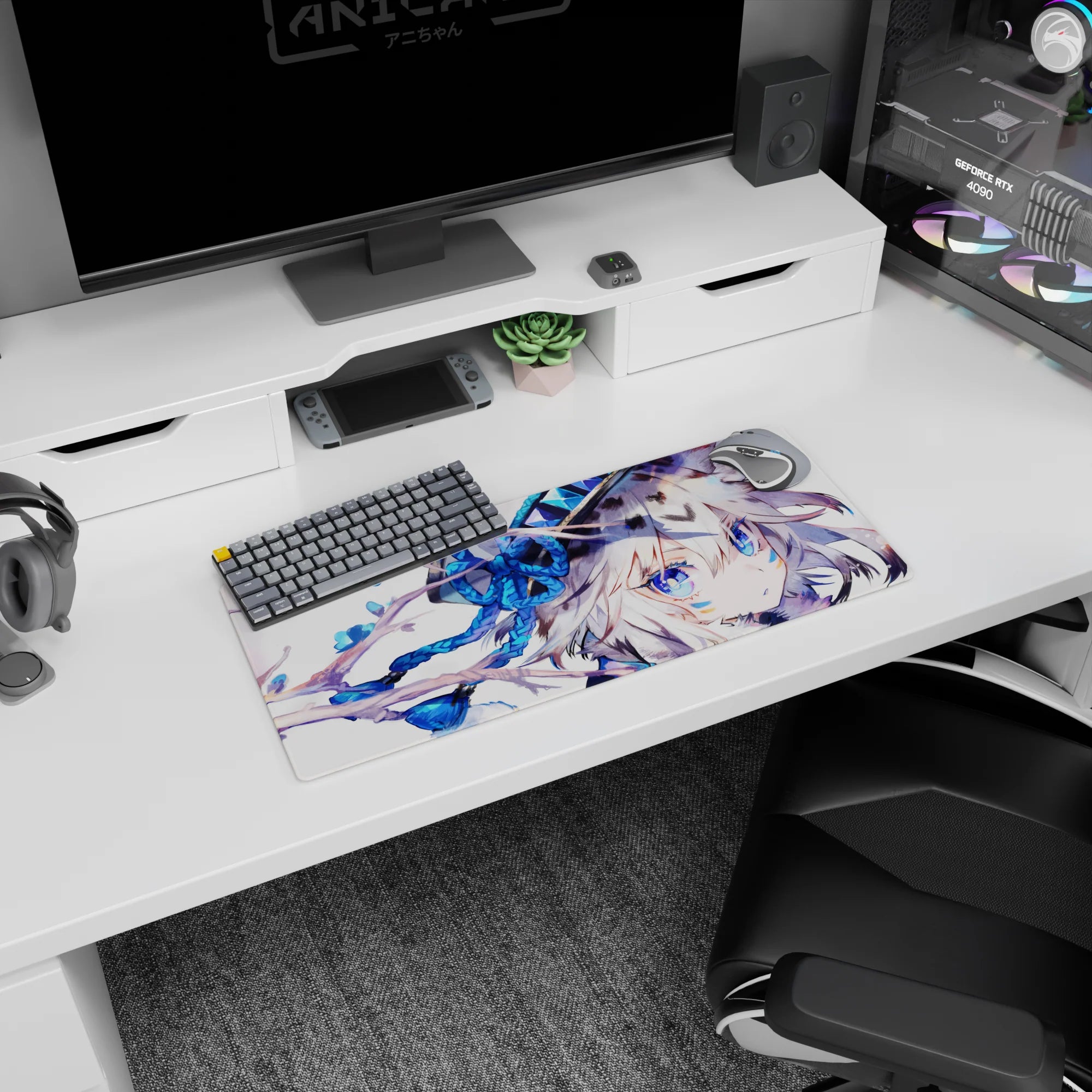 28x12 inches mouse pad featuring a silver-haired wolf-eared anime girl with sapphire eyes and braided ribbons.