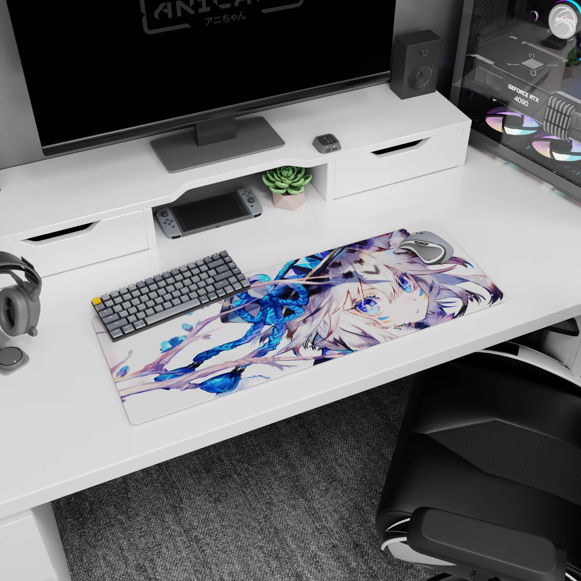 32x12 inches extended mouse pad featuring a wolf-eared anime girl with silver hair and glassy blue eyes.