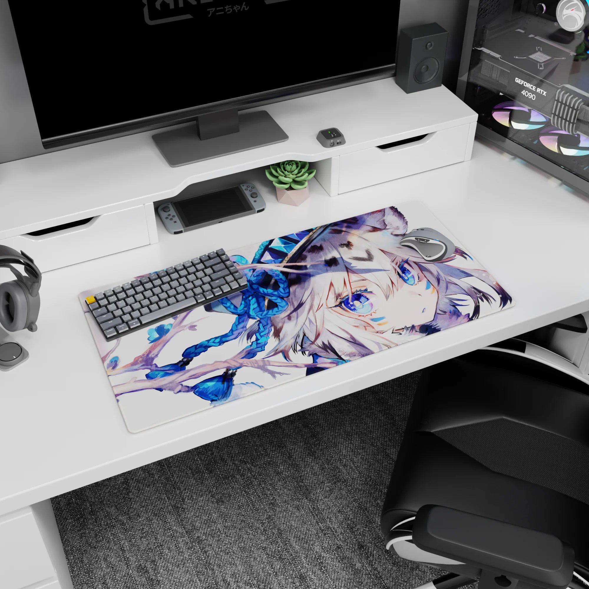 32x16 inches mouse pad featuring a silver-haired wolf-eared anime girl with face markings and bright blue eyes.