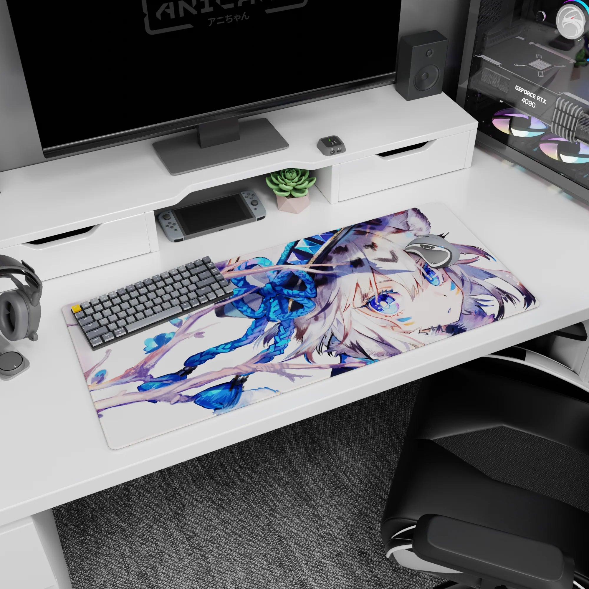 Silver-haired wolf-eared anime girl desk pad 36x16 inches with glassy blue eyes and face markings.