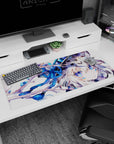 Silver-haired wolf-eared anime girl desk pad 36x16 inches with glassy blue eyes and face markings.