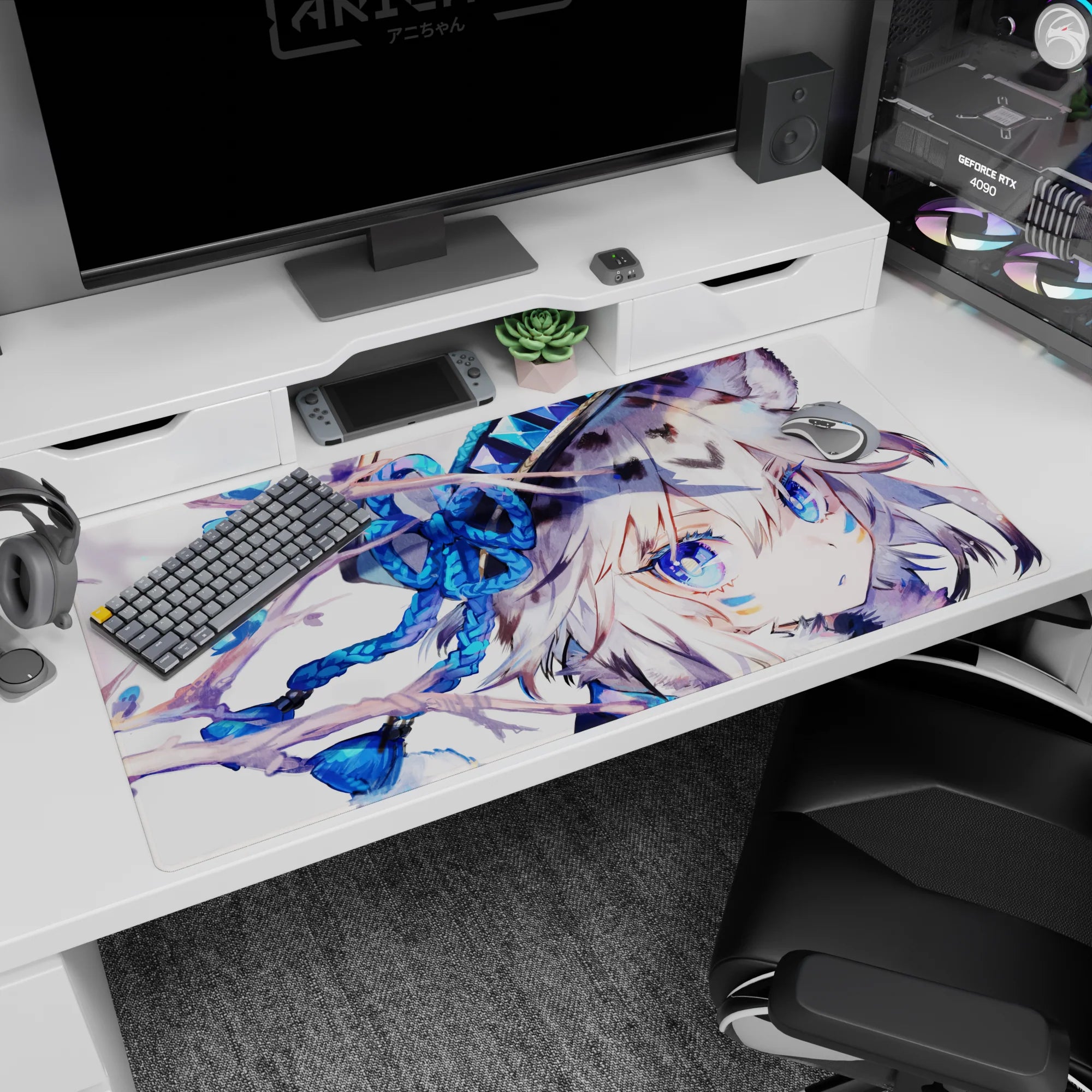Silver-haired wolf-eared anime girl desk pad 40x20 inches with glassy blue eyes and face markings.