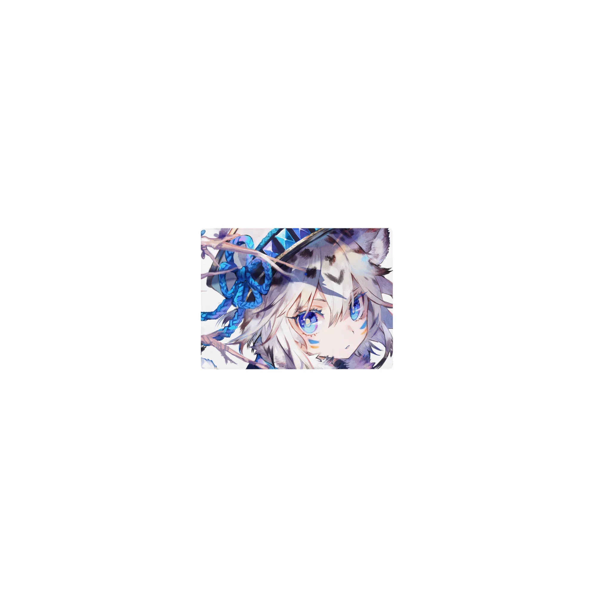 Classic anime girl mouse pad 14x10 inches with silver-haired wolf ears, blue flowers, and ribbons.