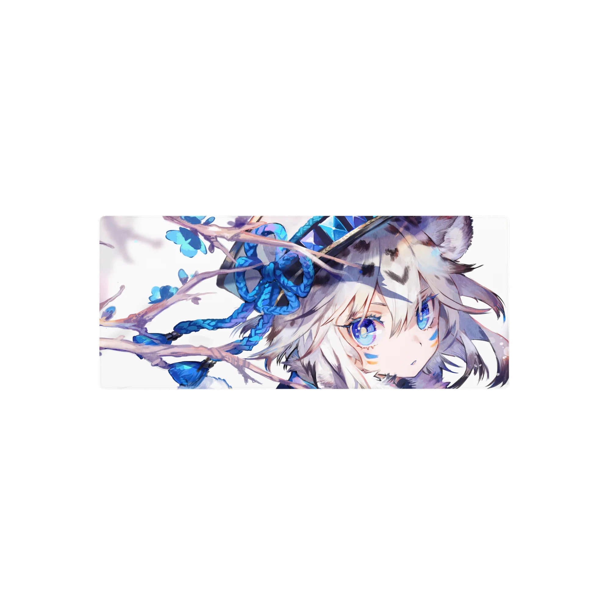 28x12 inches anime girl mouse pad with wolf ears, silver hair, blue eyes, ribbons and blue blossoms.