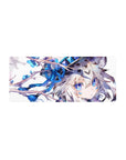 28x12 inches anime girl mouse pad with wolf ears, silver hair, blue eyes, ribbons and blue blossoms.