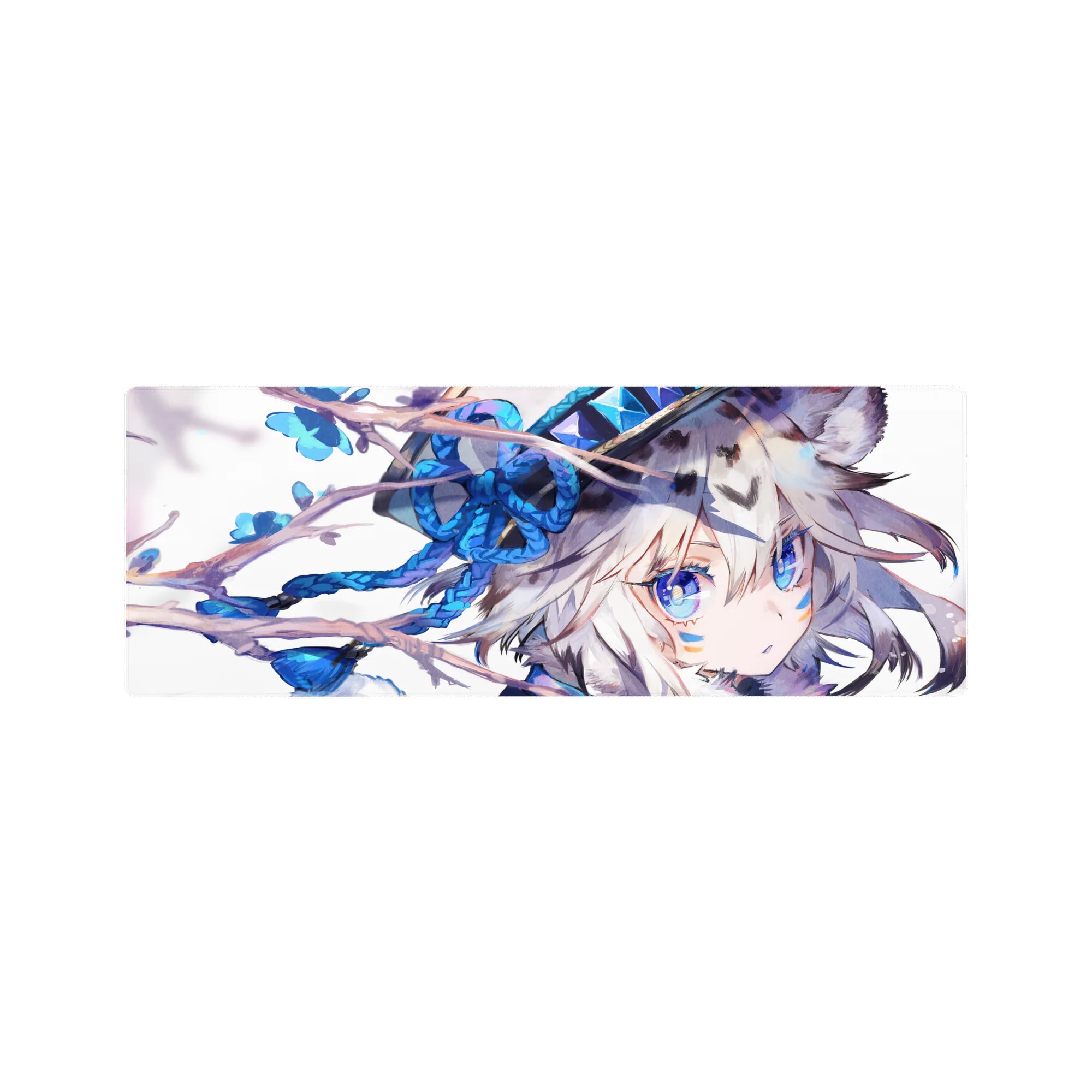 32x12 inches anime girl mouse pad with silver-haired wolf-eared girl, blue blossoms, and ribbon braids.