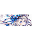 32x12 inches anime girl mouse pad with silver-haired wolf-eared girl, blue blossoms, and ribbon braids.