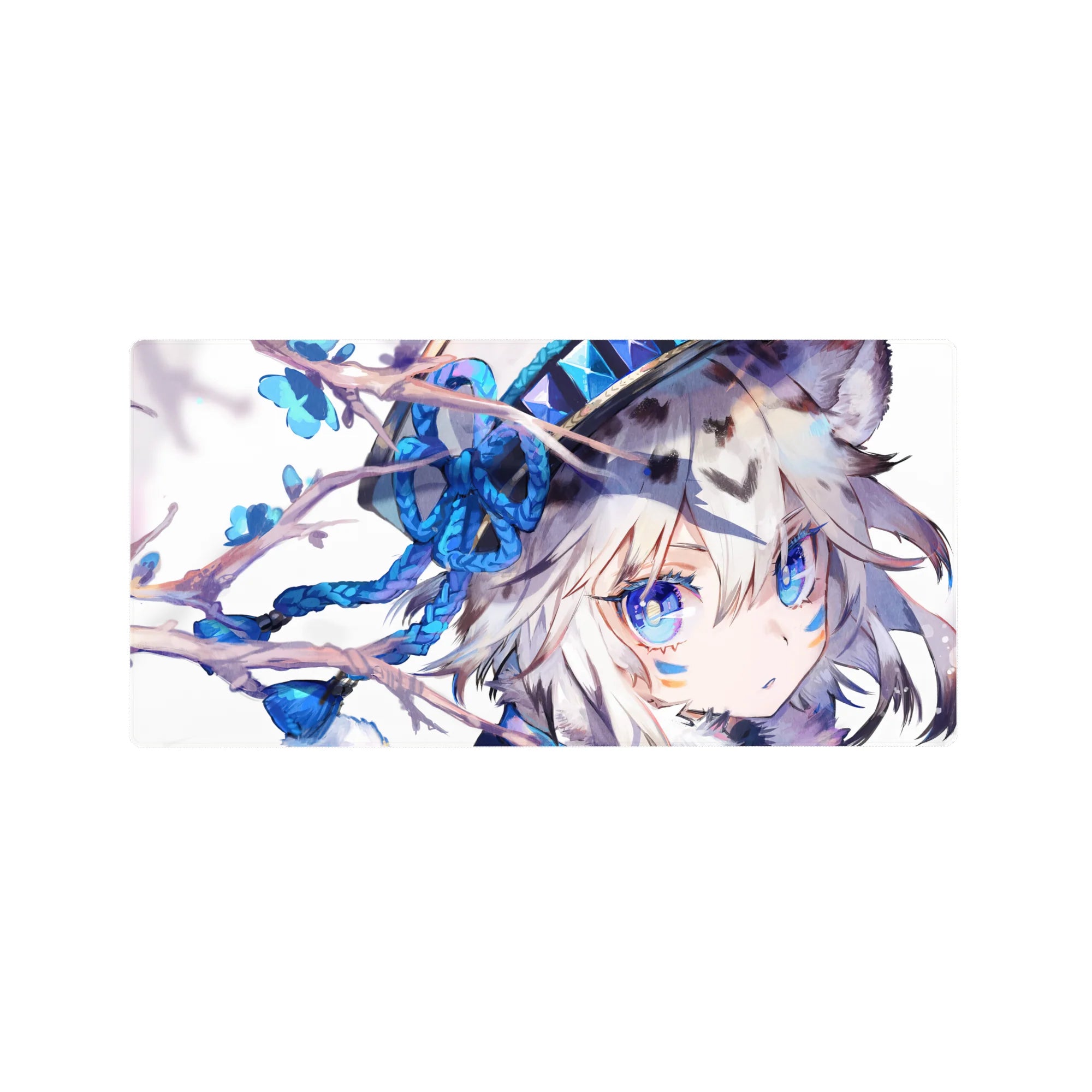 32x16 inches anime girl mouse pad with silver-haired wolf-eared character, blue blossoms, and ribbon braids.