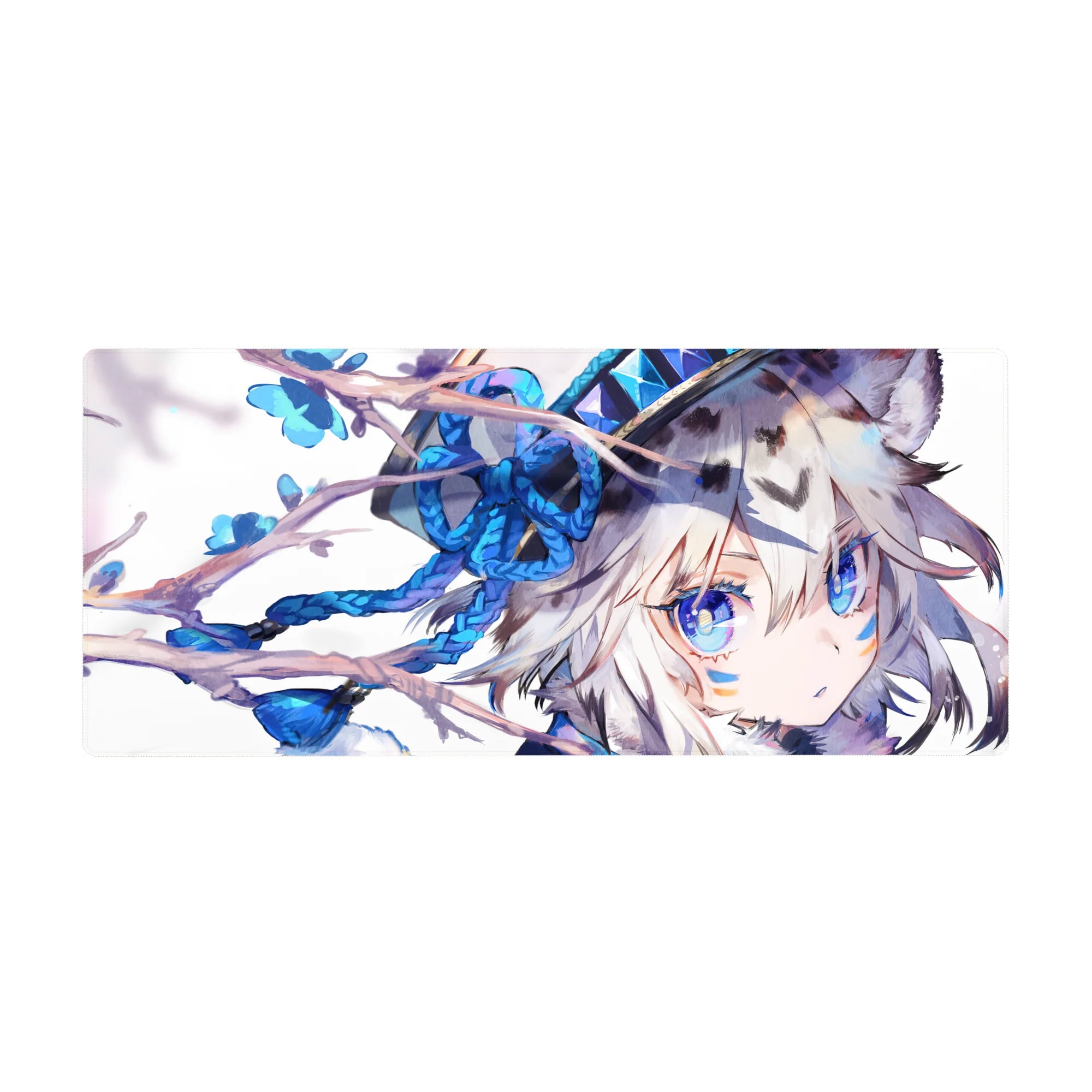 Anime girl desk pad 36x16 inches with wolf ears, silver hair, blue blossoms, and ribbon braids.