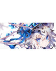 Anime girl desk pad 36x16 inches with wolf ears, silver hair, blue blossoms, and ribbon braids.