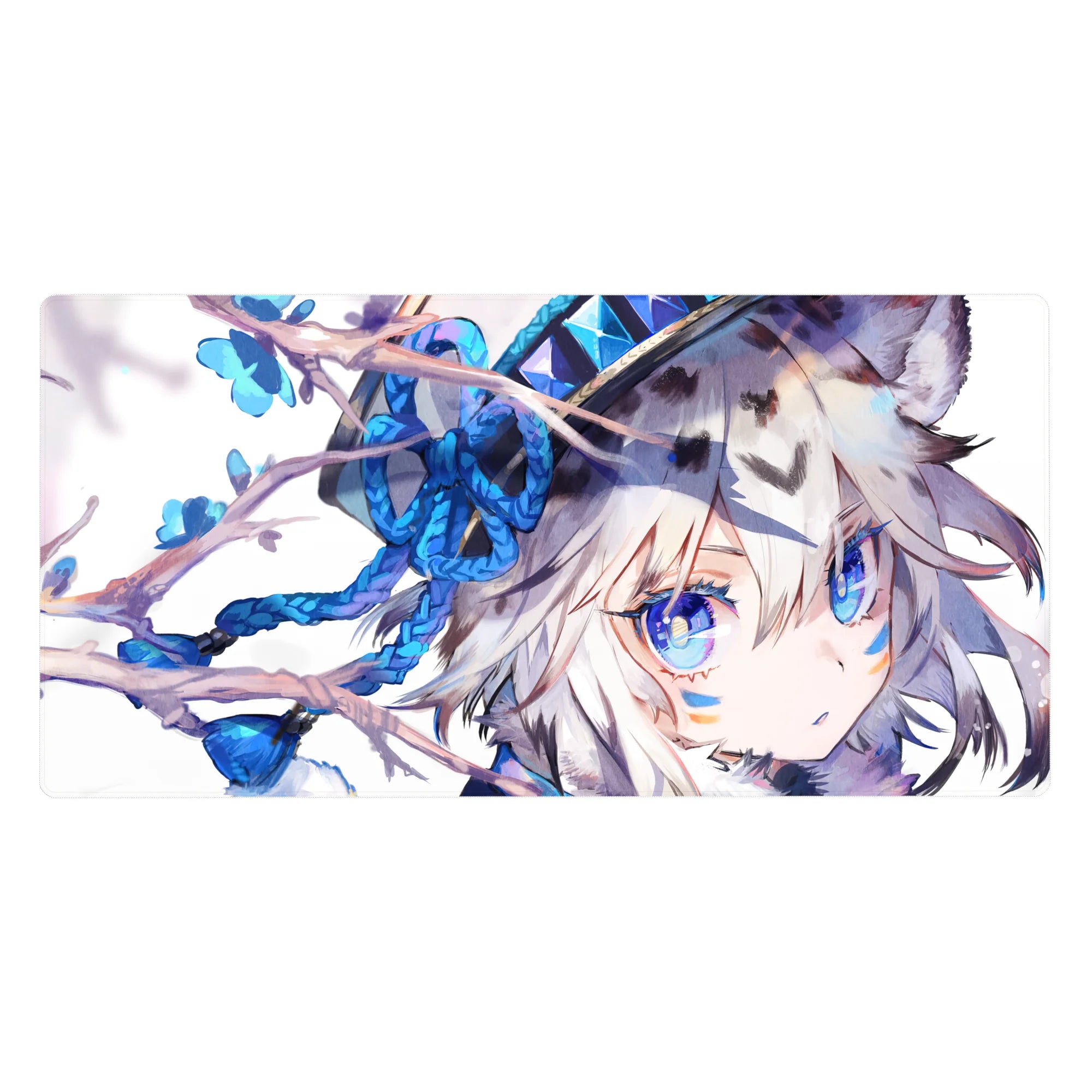 Anime girl desk pad 40x20 inches with silver hair, wolf ears, blue blossoms, and ribbon braids.