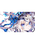 Anime girl desk pad 40x20 inches with silver hair, wolf ears, blue blossoms, and ribbon braids.