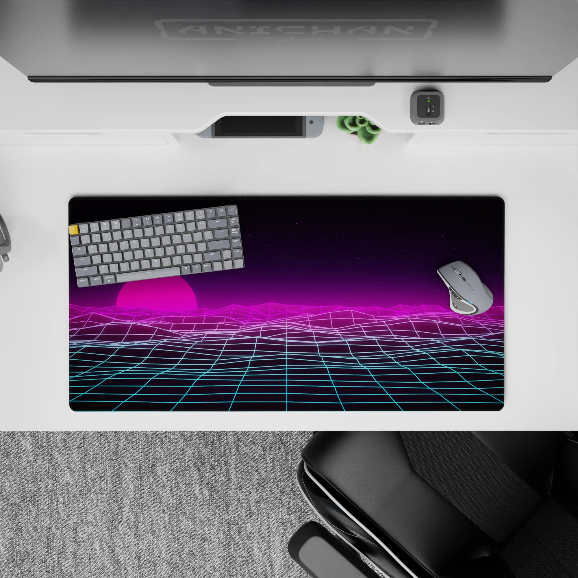 Retrowave-Vaporwave Deskmat | Mousepad | Deskpad - Neon Horizon Waves - AniChan