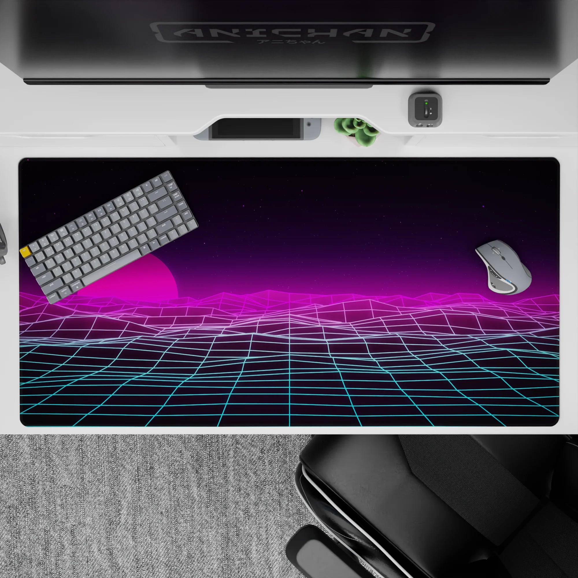 Retrowave-Vaporwave Deskmat | Mousepad | Deskpad - Neon Horizon Waves - AniChan