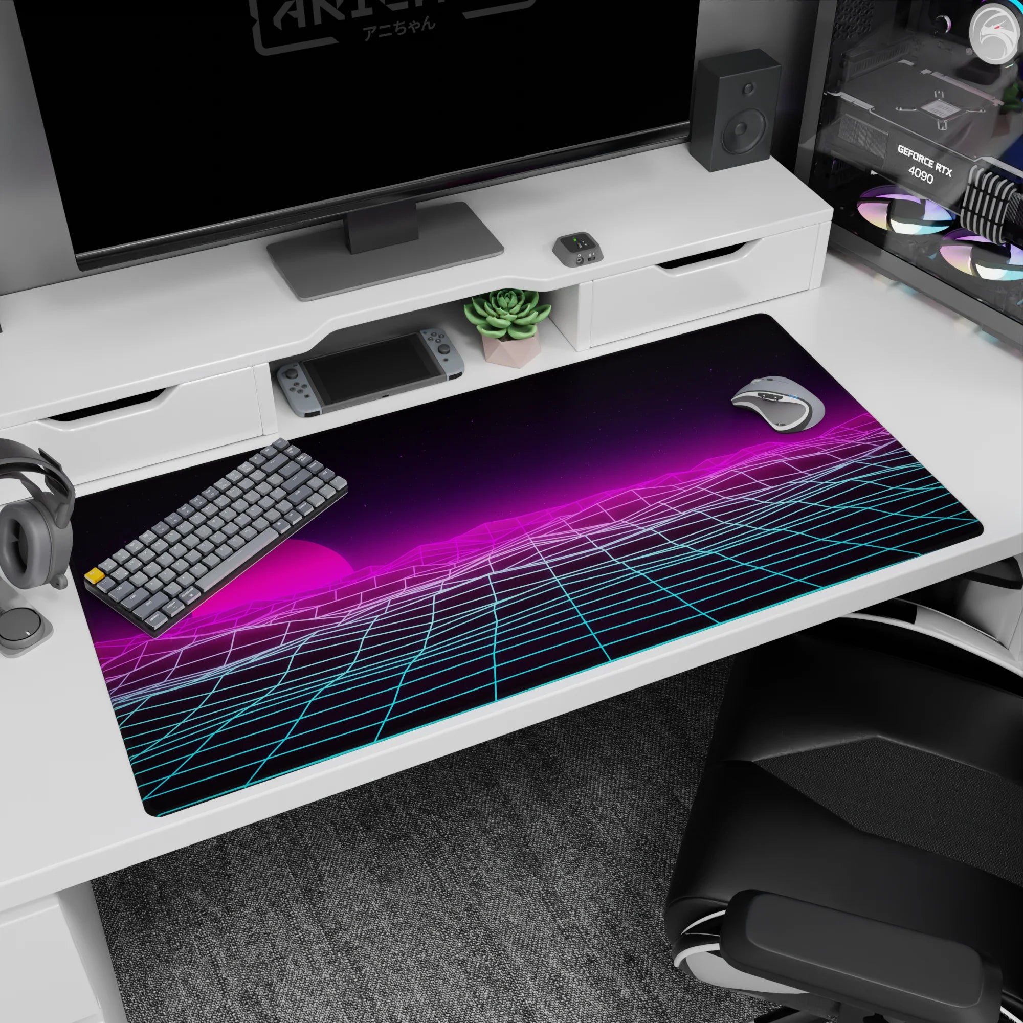 Retrowave-Vaporwave Deskmat | Mousepad | Deskpad - Neon Horizon Waves - AniChan