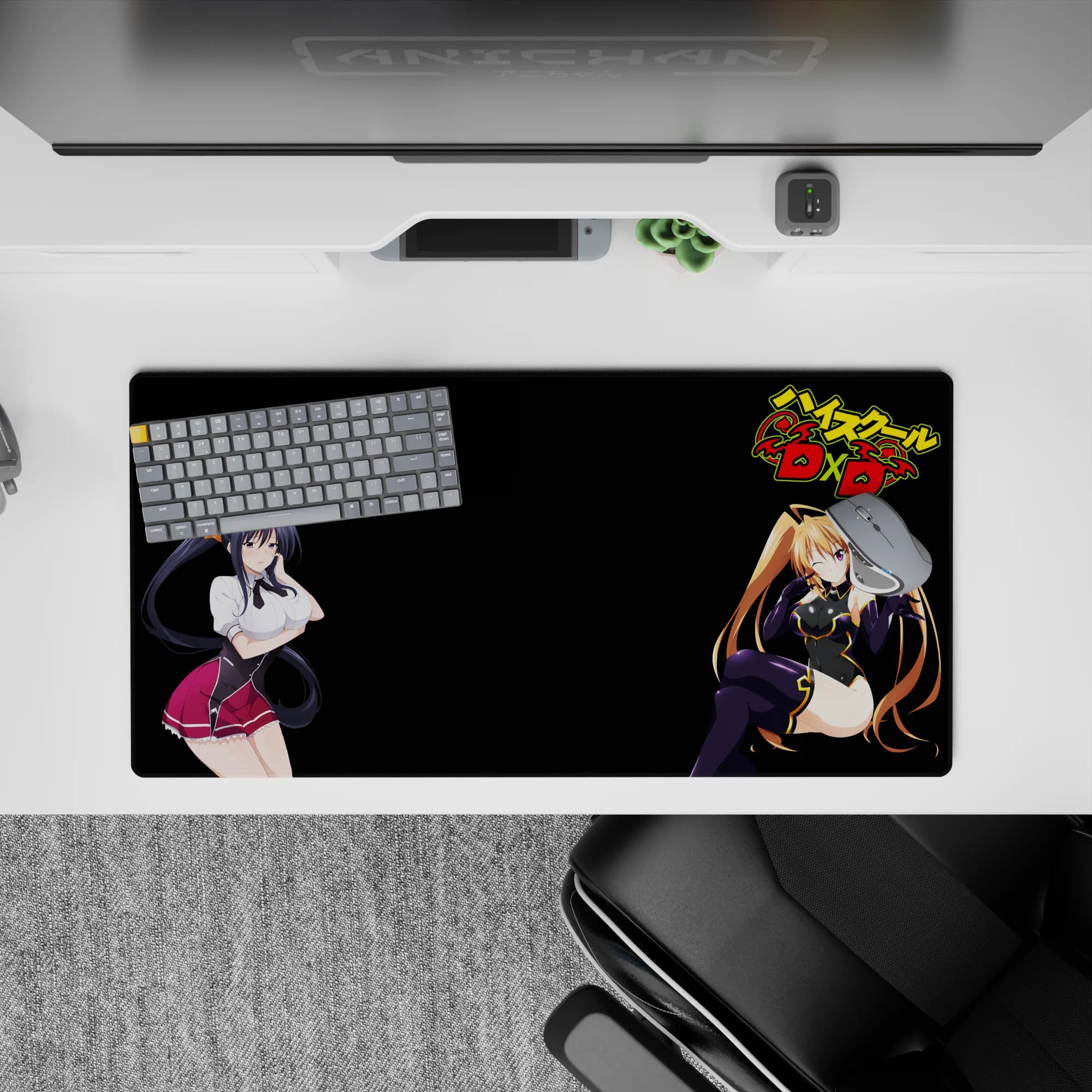 Anime mouse pad 32x16 inches featuring Akeno and Irina from High School DxD, with vibrant colors and dynamic poses.