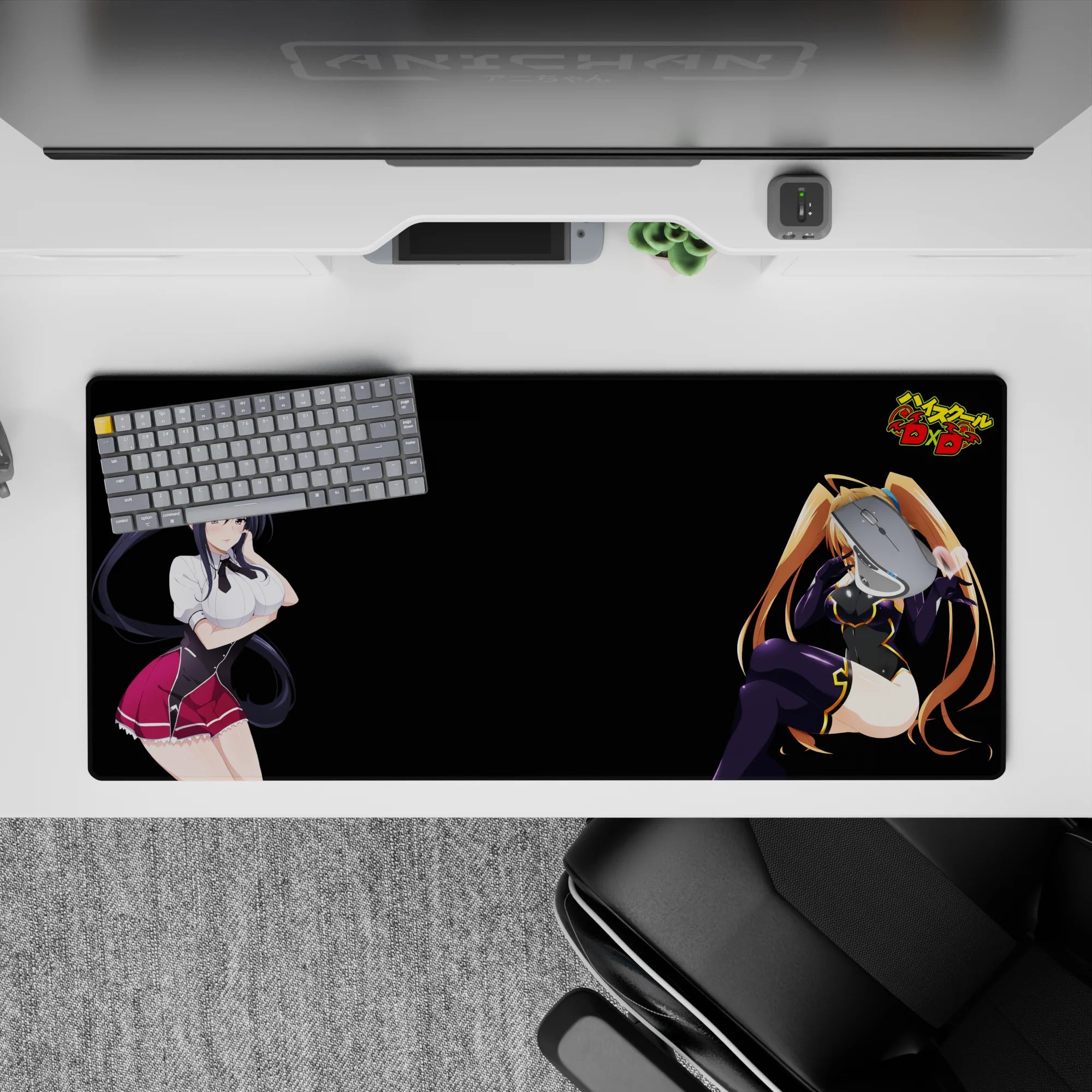 Anime mouse pad 36x16 inches featuring Akeno and Irina from High School DxD, showcasing vibrant colors and dynamic poses.