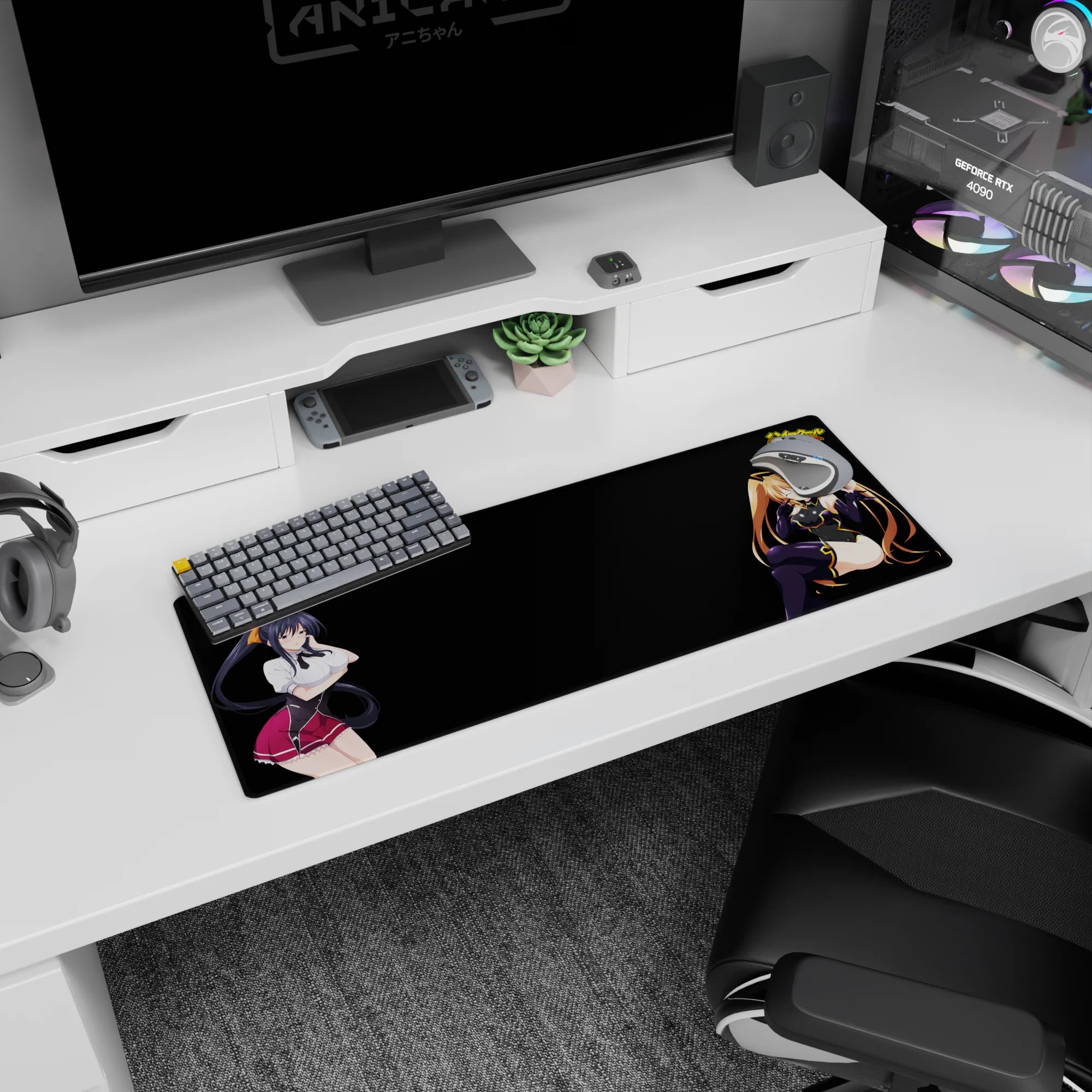 Anime mouse pad 32x12 inches featuring Akeno and Irina from High School DxD, showcasing vibrant colors and dynamic poses.