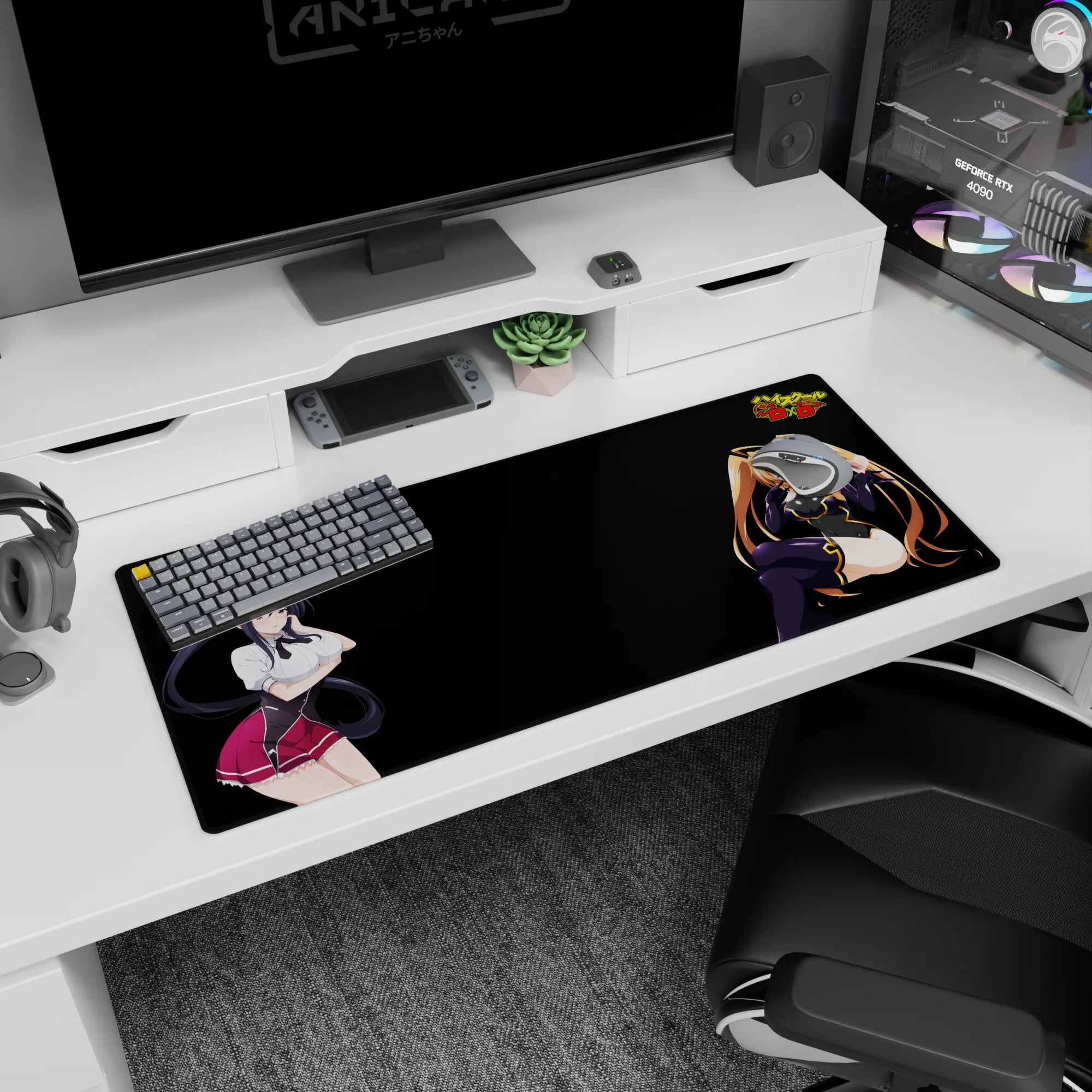 High School DxD desk pad 36x16 inches featuring Akeno and Irina; Akeno's smirk and Irina's charm in vivid colors.
