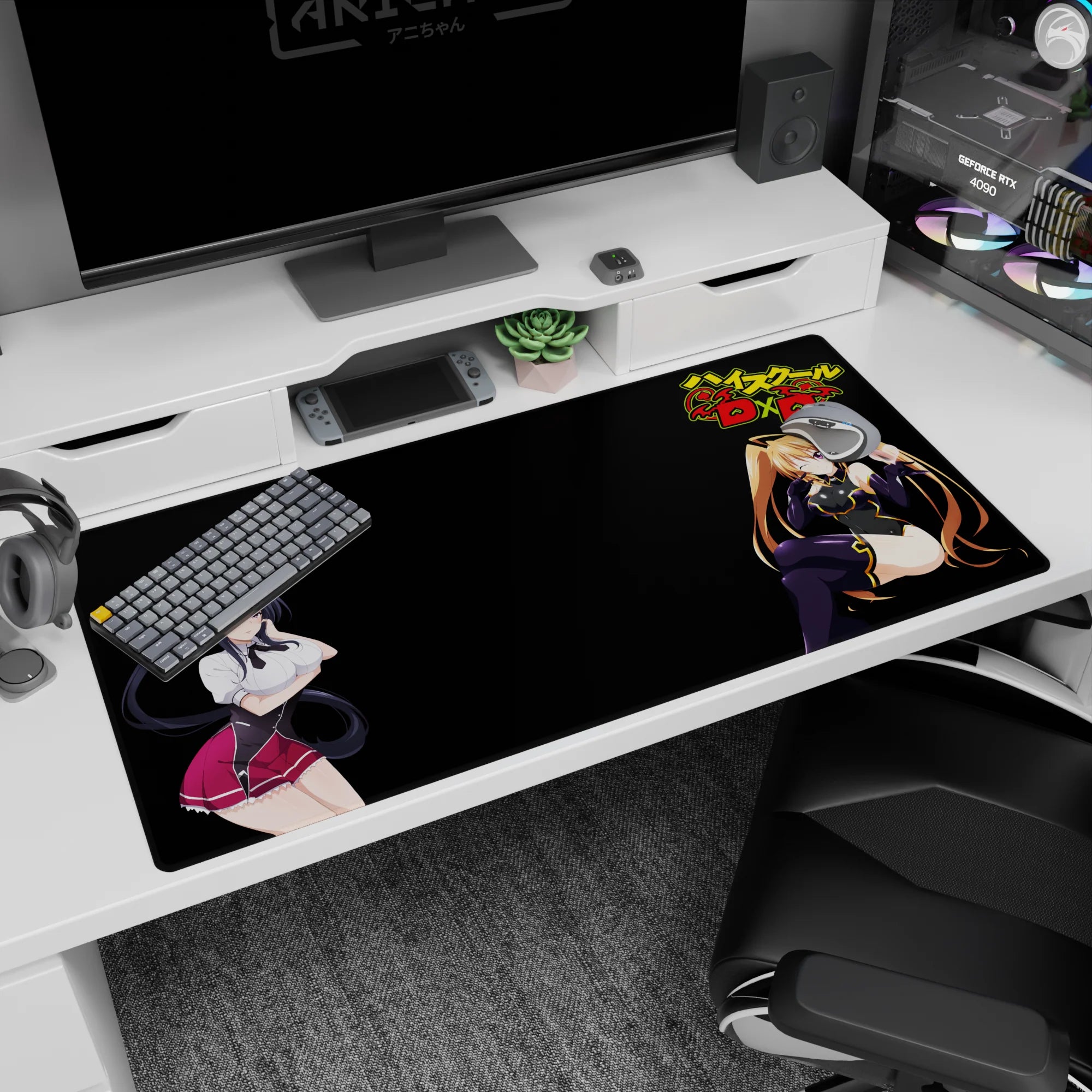 High School DxD anime mouse pad, 40x20 inches, featuring Akeno's smirk and Irina's charm with vibrant colors.