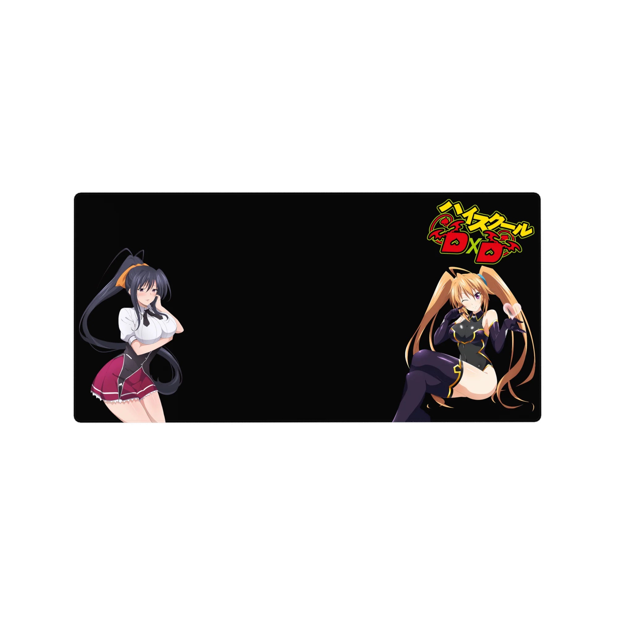 High School DxD mouse pad 32x16 inches featuring Akeno with a smirk and Irina with twin-tails, vibrant colors stand out.