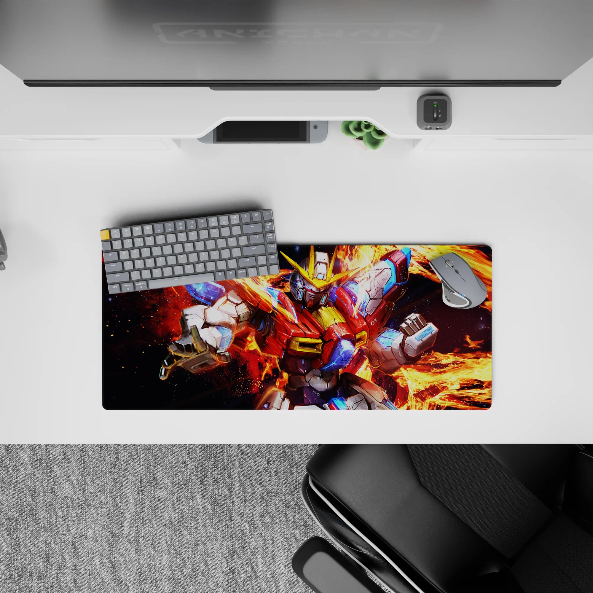 28x12 inches anime mouse pad in molten orange flames with crisp white, red, and electric blue accents.