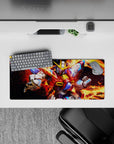 28x12 inches anime mouse pad in molten orange flames with crisp white, red, and electric blue accents.