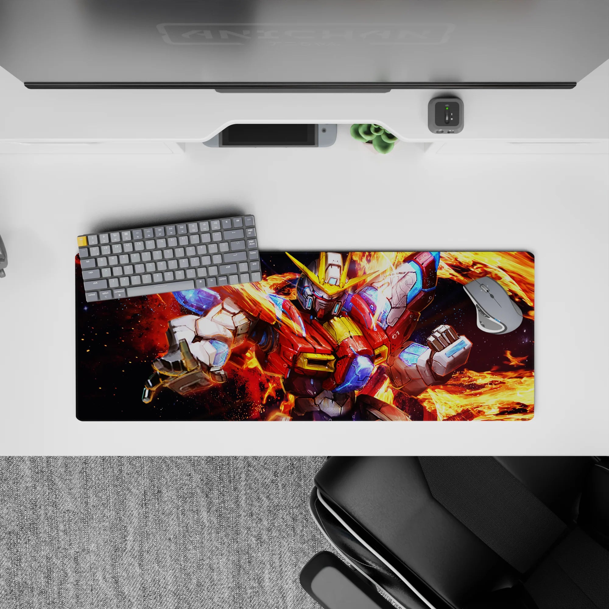32x12 inches anime mouse pad in molten orange flames with crisp white, red, and electric blue neon pops.