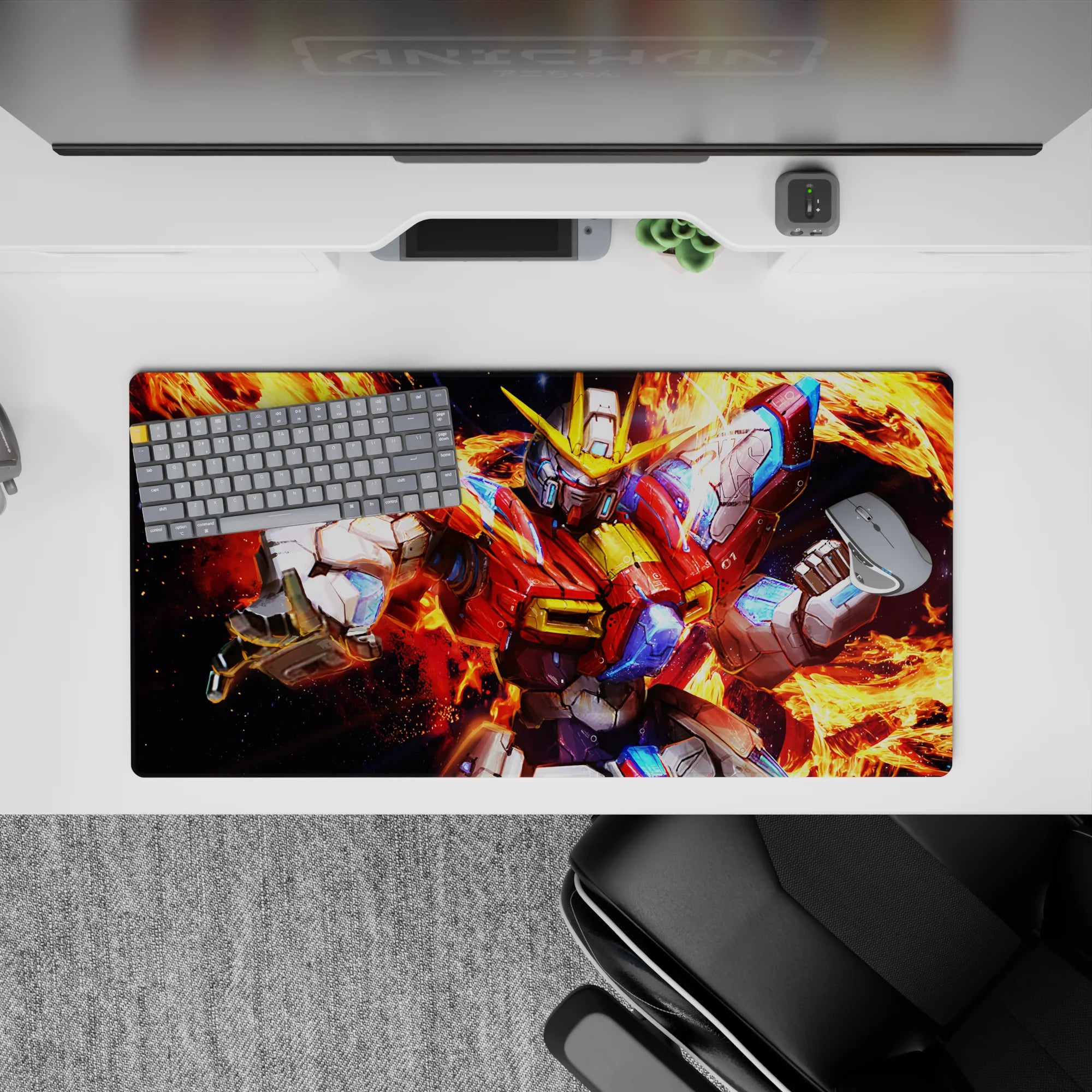 32x16 inches anime mouse pad in molten orange flames with crisp white, red, and electric blue neon pop.