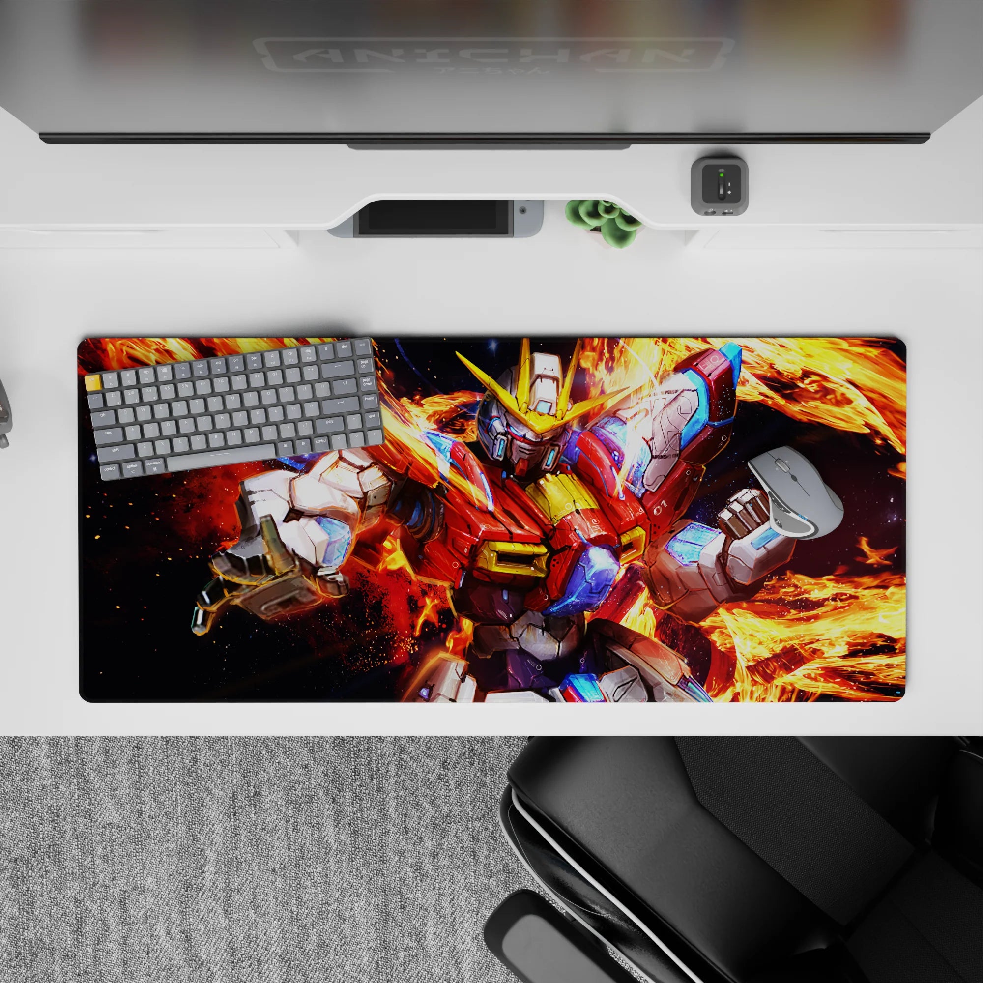 36x16 inches anime mouse pad in fiery orange flames with crisp white, red, and electric blue pops.