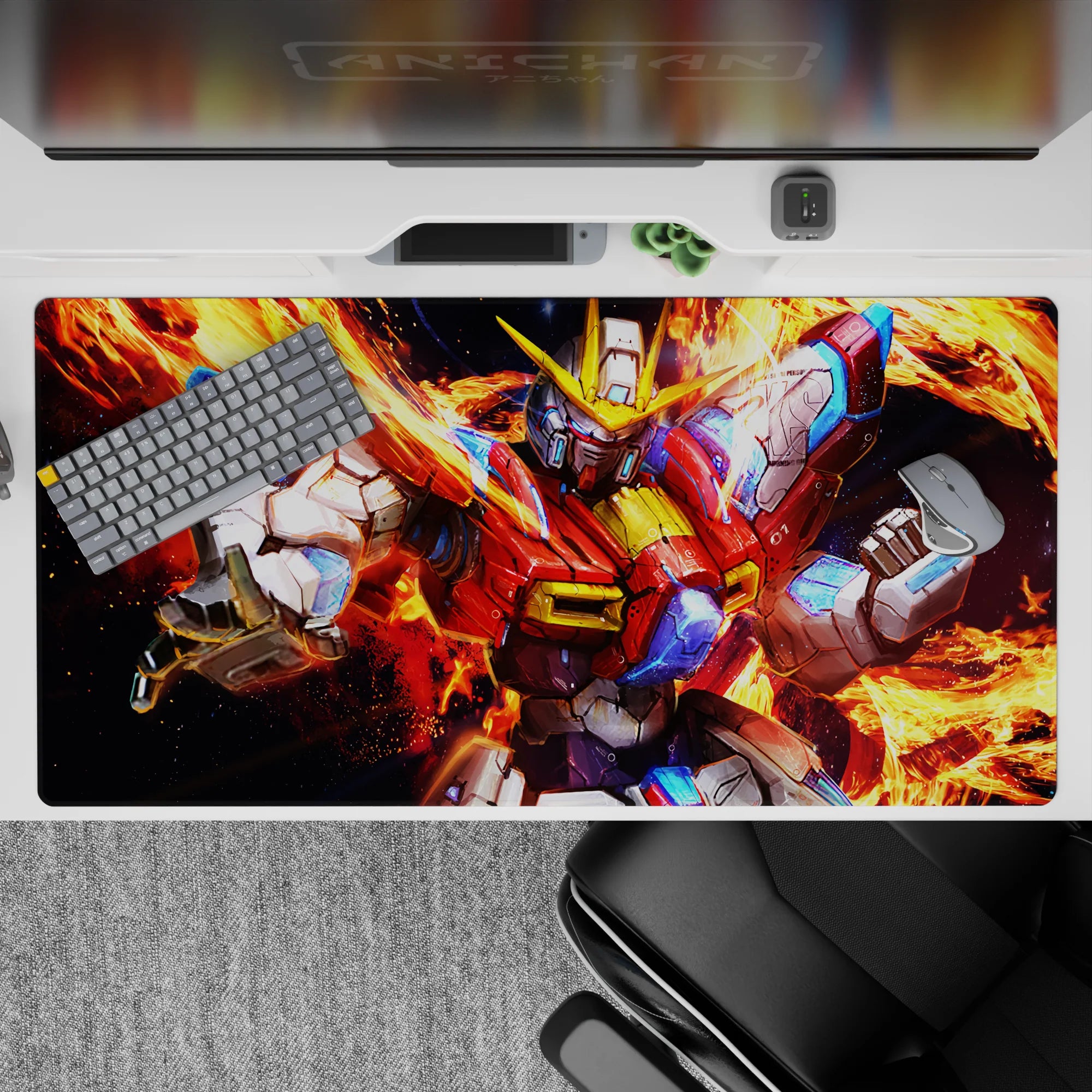 40x20 inches anime mouse pad in molten orange flames with crisp white, red, and electric blue pops.