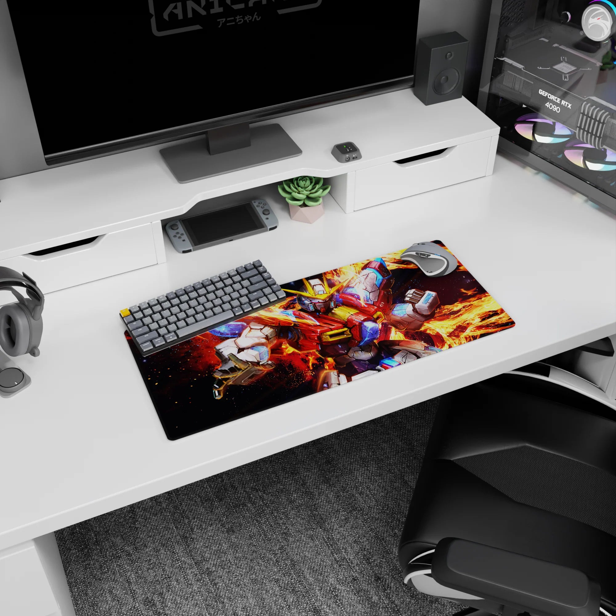 28x12 inches anime mouse pad featuring XXXG-00W0 Wing Gundam Zero charging fists-first through flames.