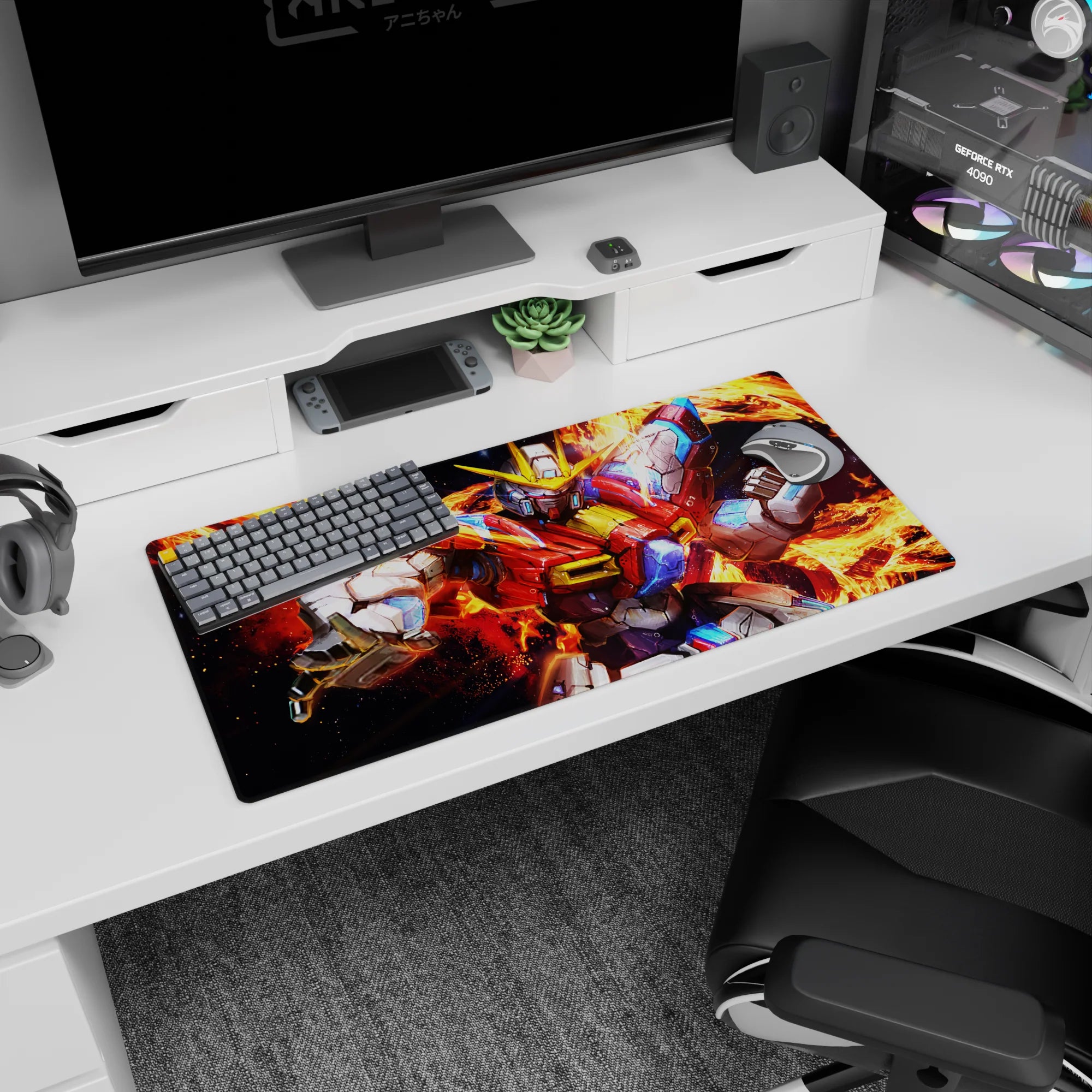 32x16 inches anime mouse pad featuring XXXG-00W0 Wing Gundam Zero charging forward with fists up in fire.