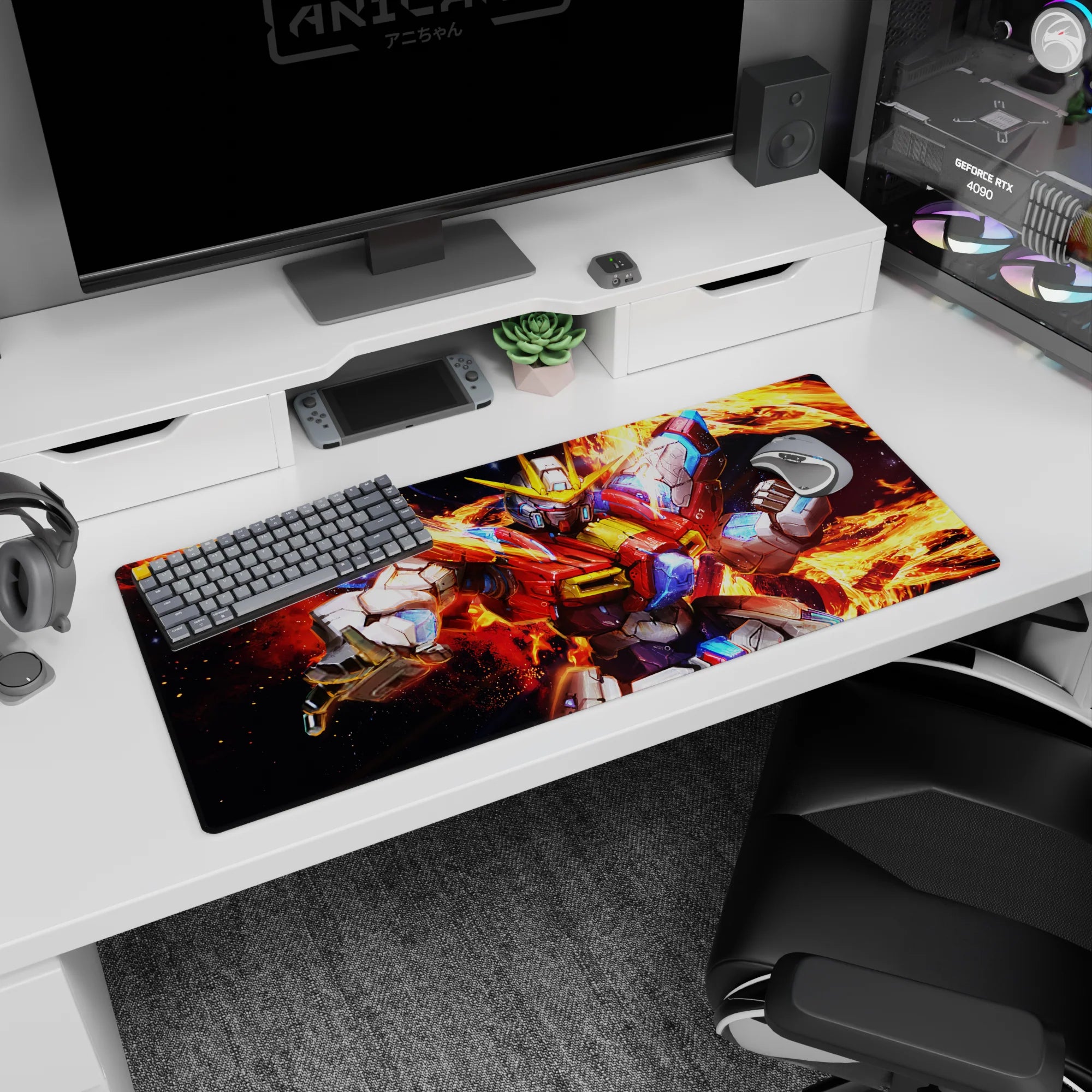 36x16 inches desk pad featuring XXXG-00W0 Wing Gundam Zero charging forward, fists out in flames.