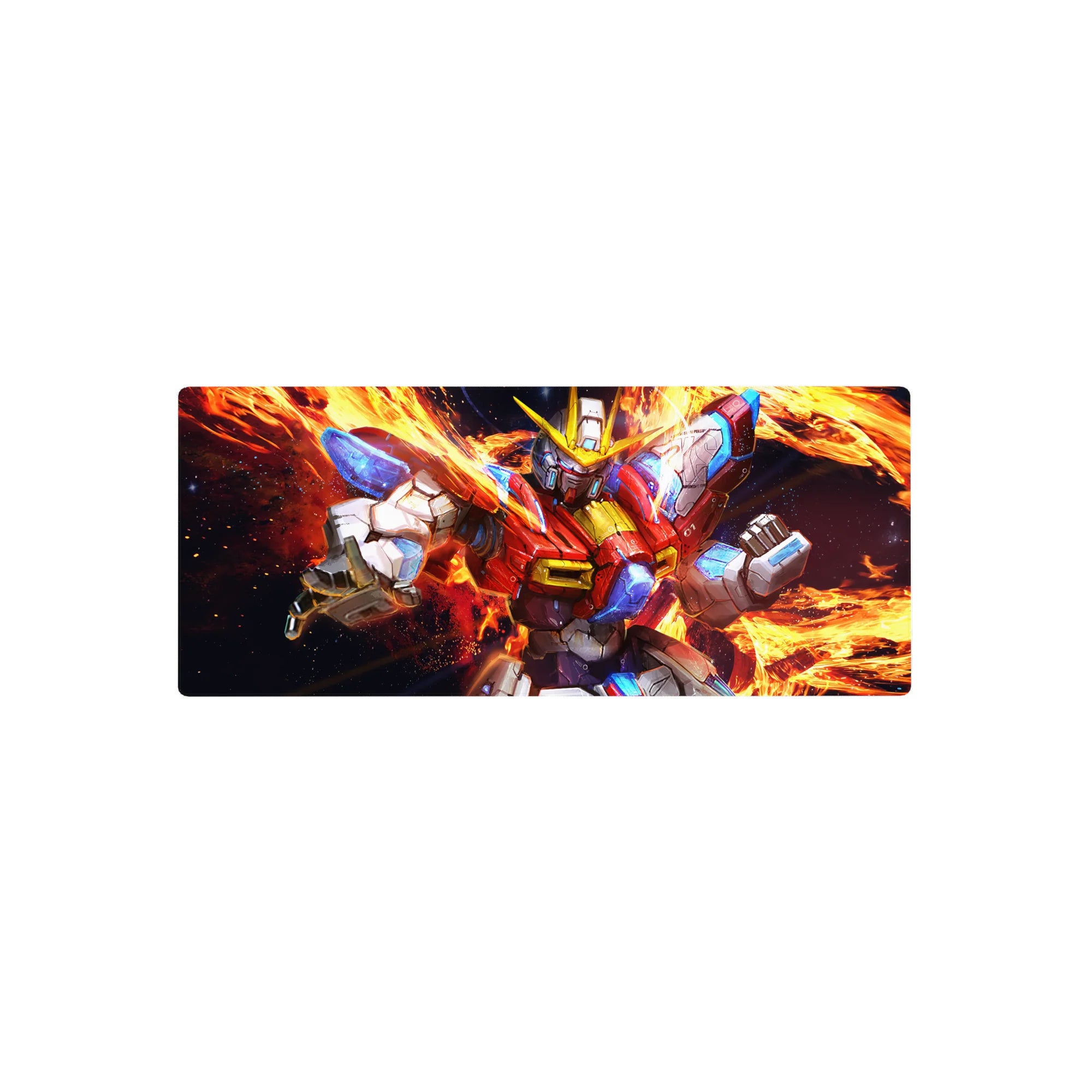 28x12 inches anime mouse pad with Wing Gundam Zero and fiery backdrop, sharp panel lines and decals.