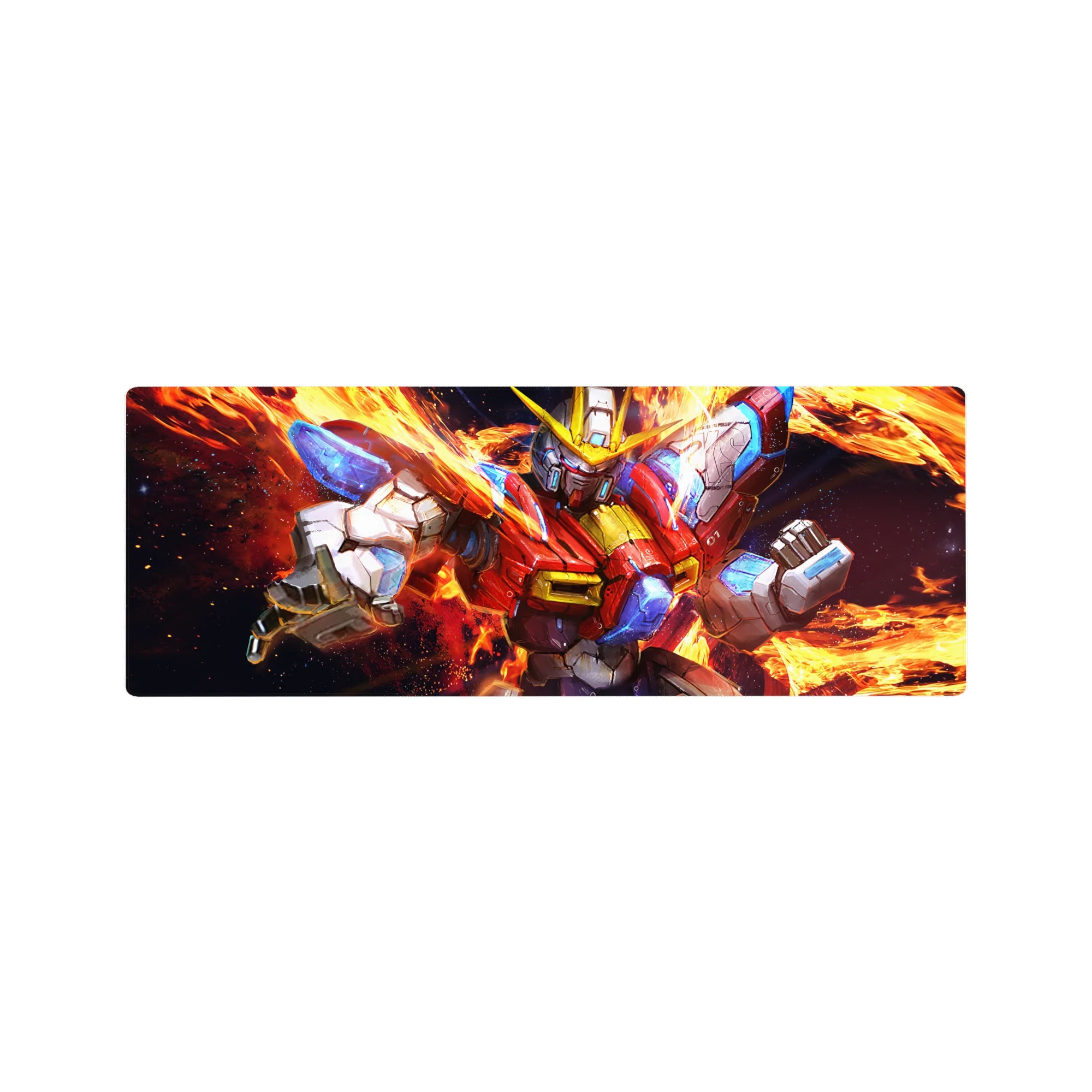 32x12 inches anime mouse pad featuring Wing Gundam Zero with sharp panel lines and decals on a fiery backdrop.