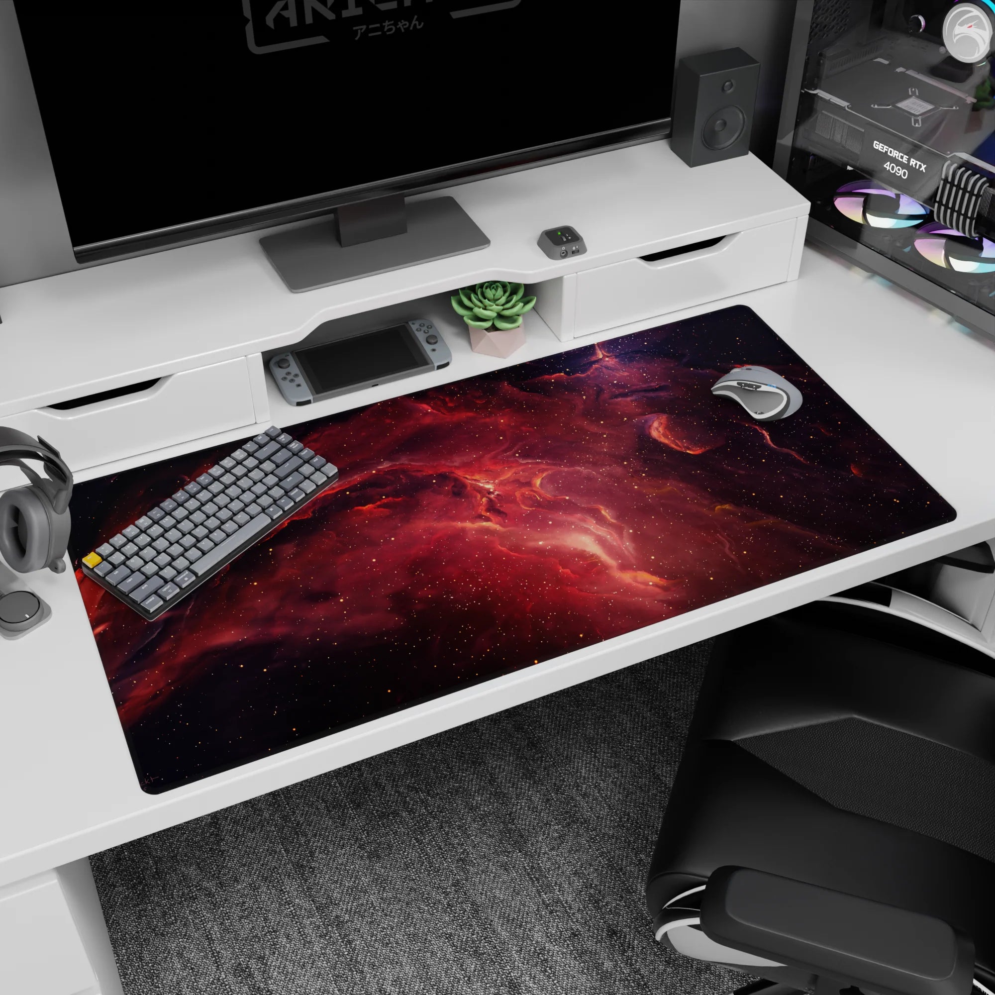 Galaxy-themed desk pad 40x20 inches with smoky violet, deep purple, and ember-red swirls for a cosmic workspace.