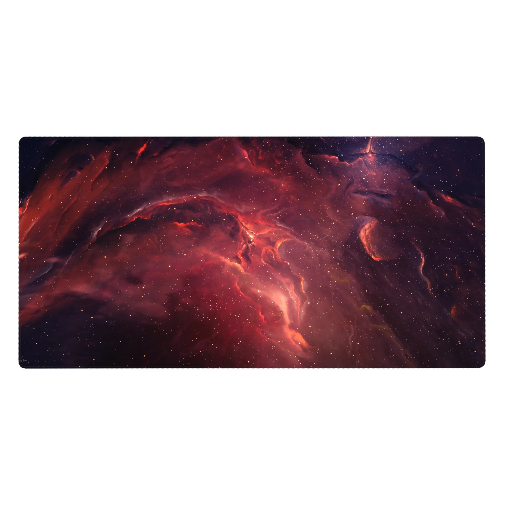 Galaxy-themed desk pad 40x20 inches with deep purples, smoky reds, and star-like patterns for gaming or work setups.
