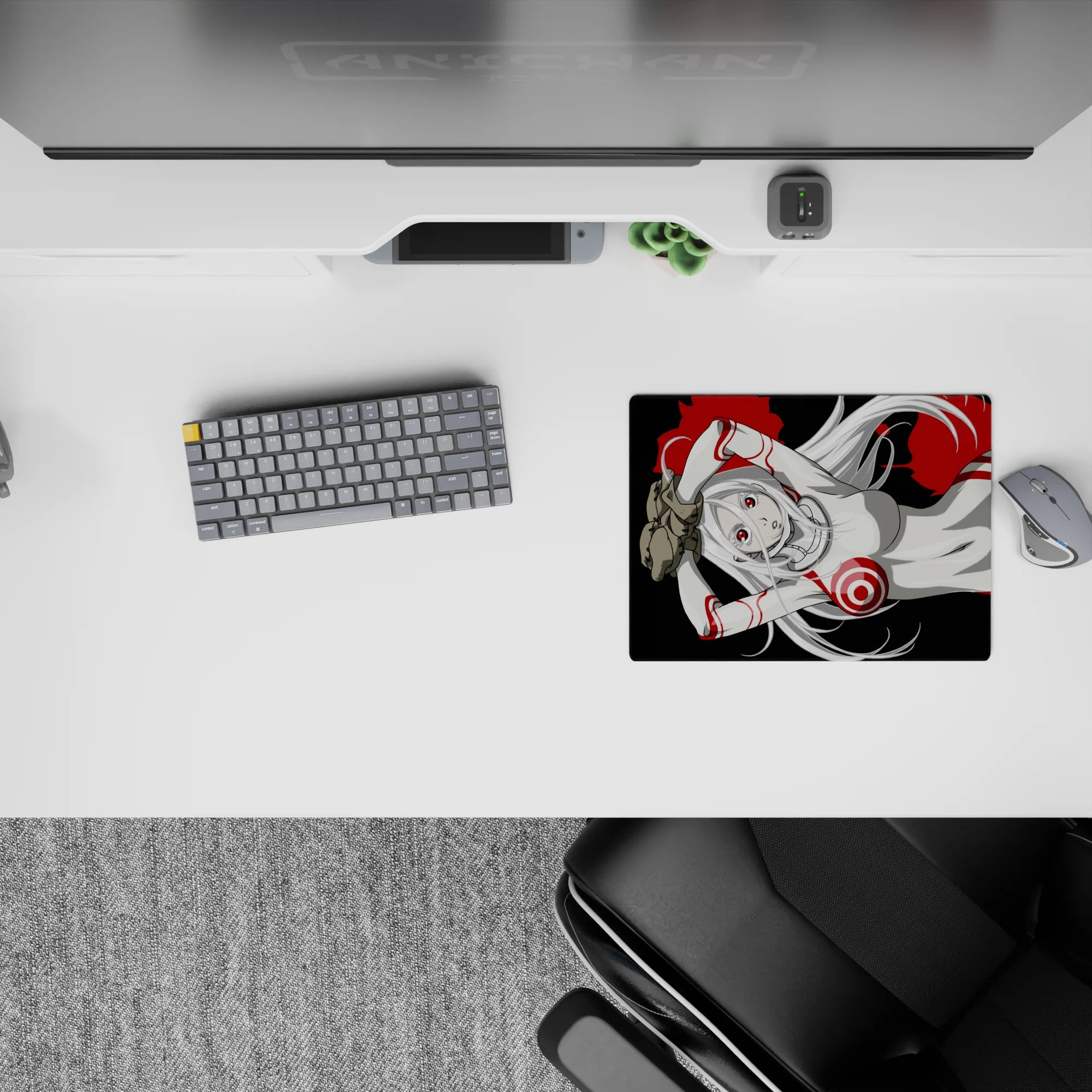 Anime girl mouse pad 14x10 inches with black backdrop, crimson rings and red ink splatter, edgy cozy vibe.