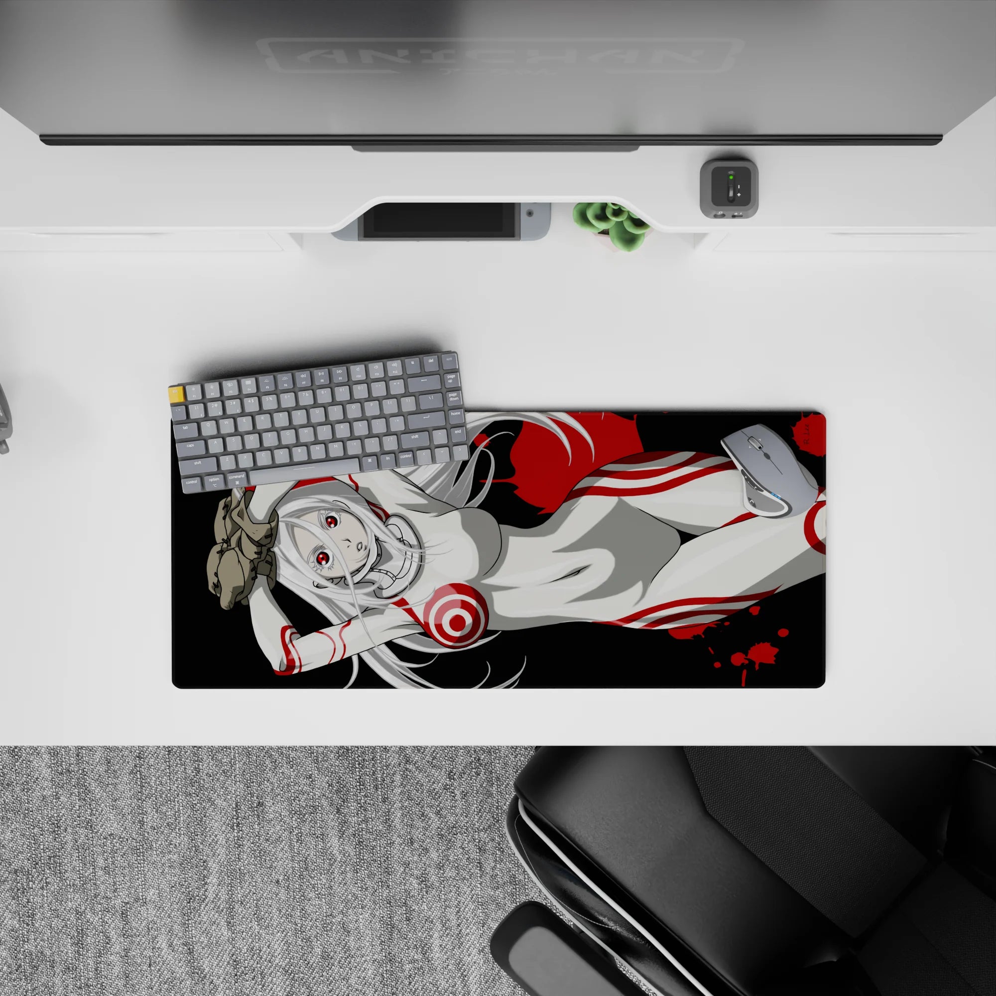 28x12 inches anime desk mat in black, white, and crimson with splattered red accents, edgy cozy vibe.