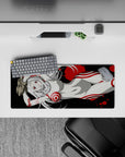 28x12 inches anime desk mat in black, white, and crimson with splattered red accents, edgy cozy vibe.