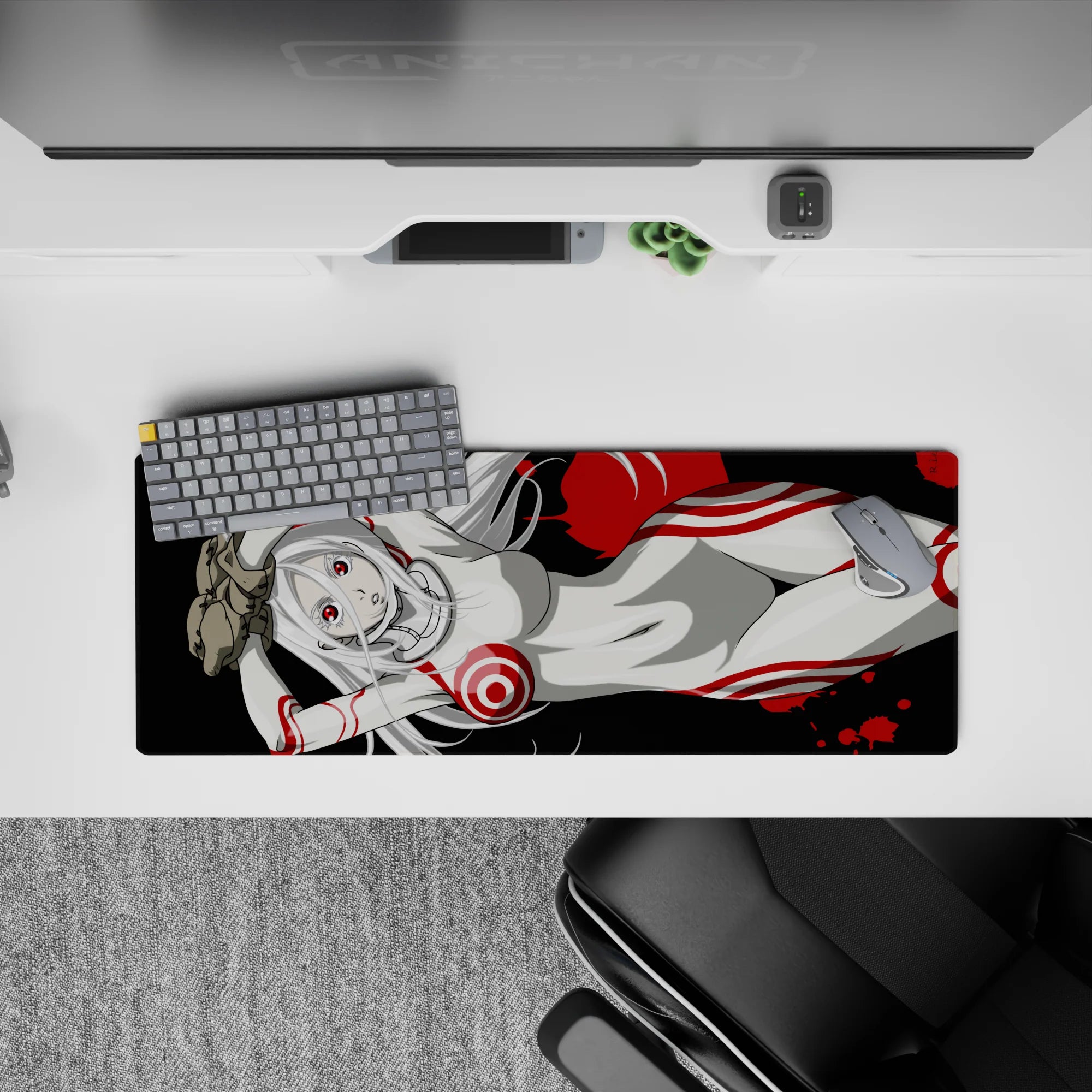 32x12 inches anime desk mouse pad in black, white, and crimson, splattered red accents, edgy cozy mood.